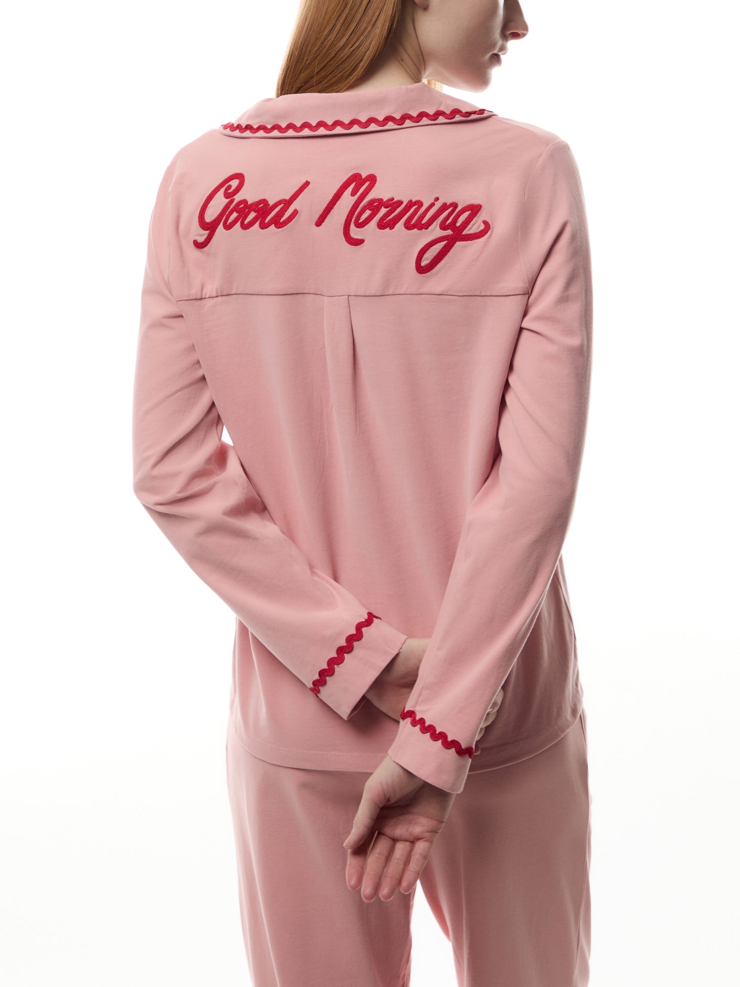 Organic Cotton Embroidered Back Good Morning Long Pyjama Set