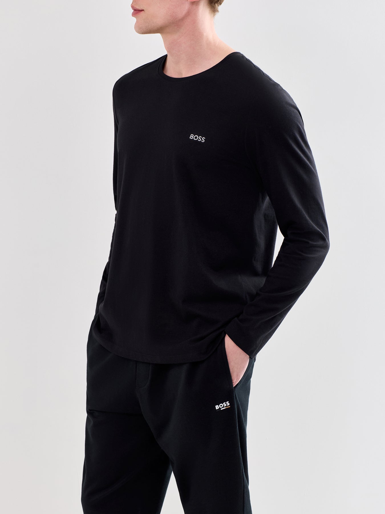 Embroidered Logo Long Sleeve Stretch Cotton T Shirt