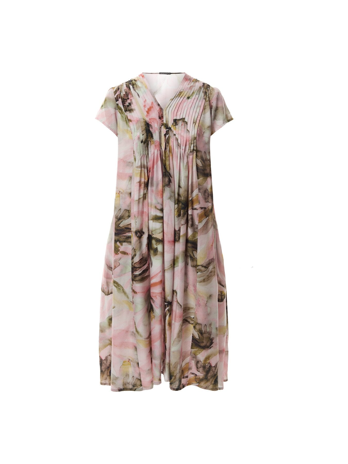 V Neck Pleat Detail Short Sleeve Printed Midi Dress