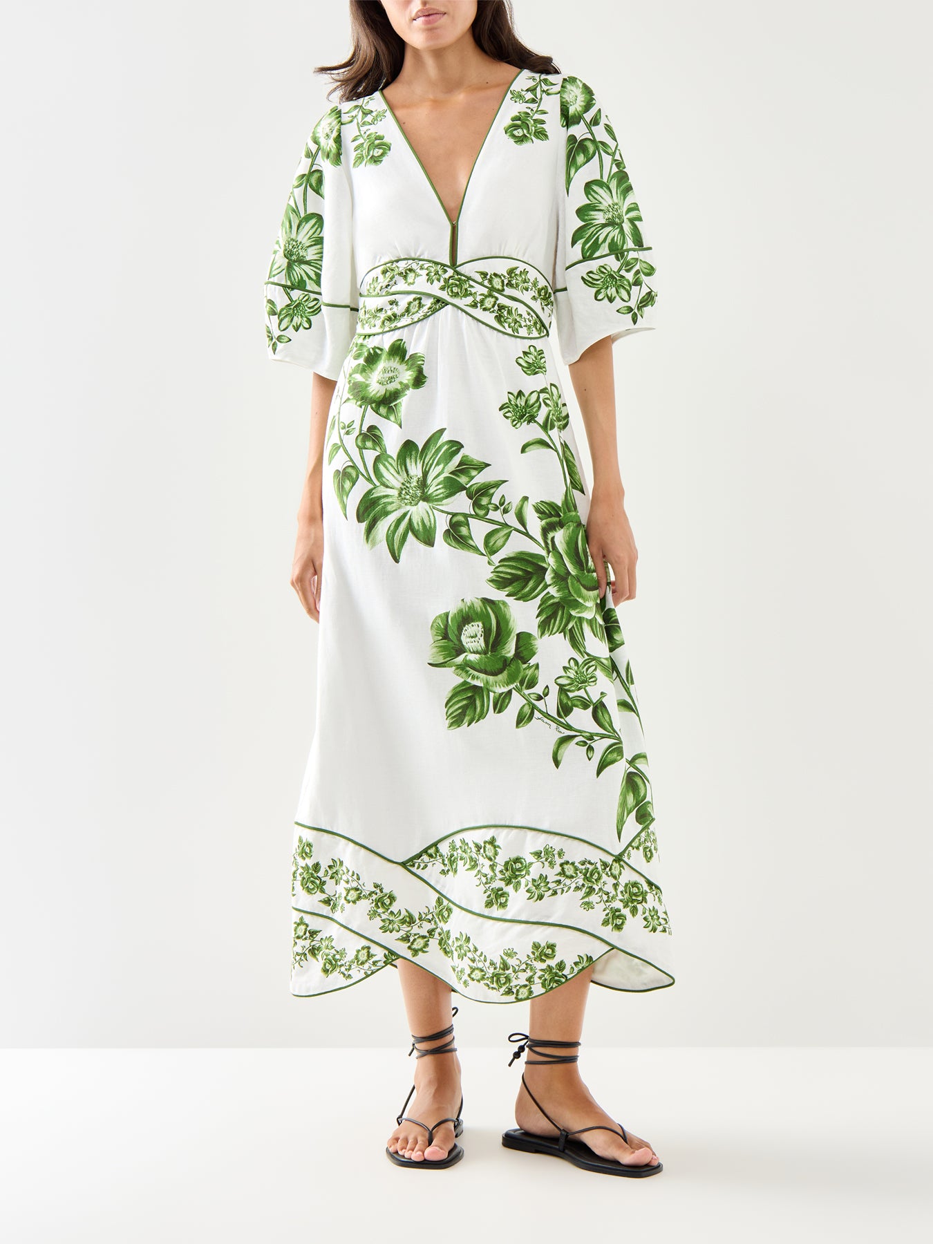 Green Floral Cascade Off-white Short Sleeve Midi Dress