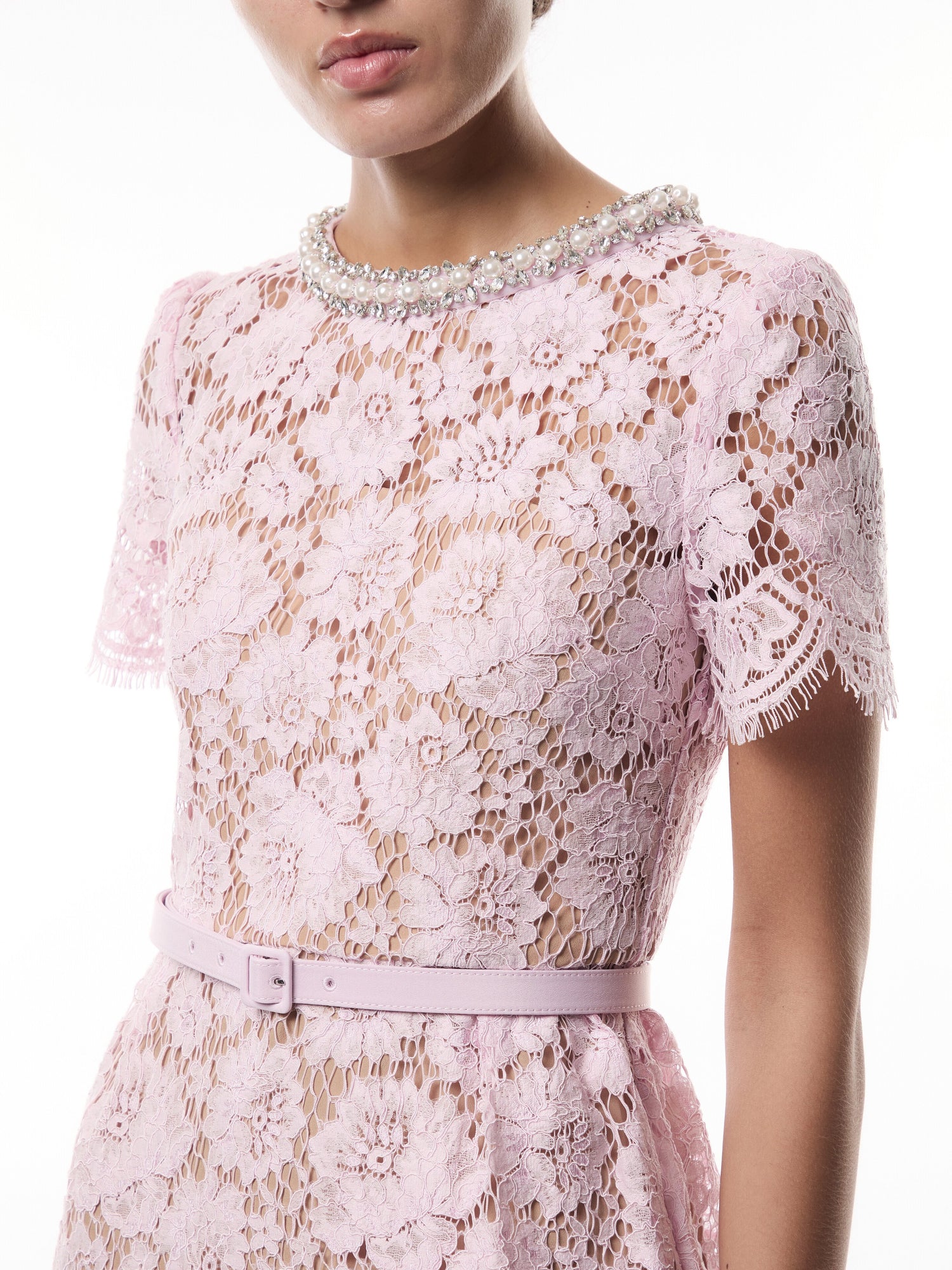 Pink Fine Lace Pearl Midi Dress
