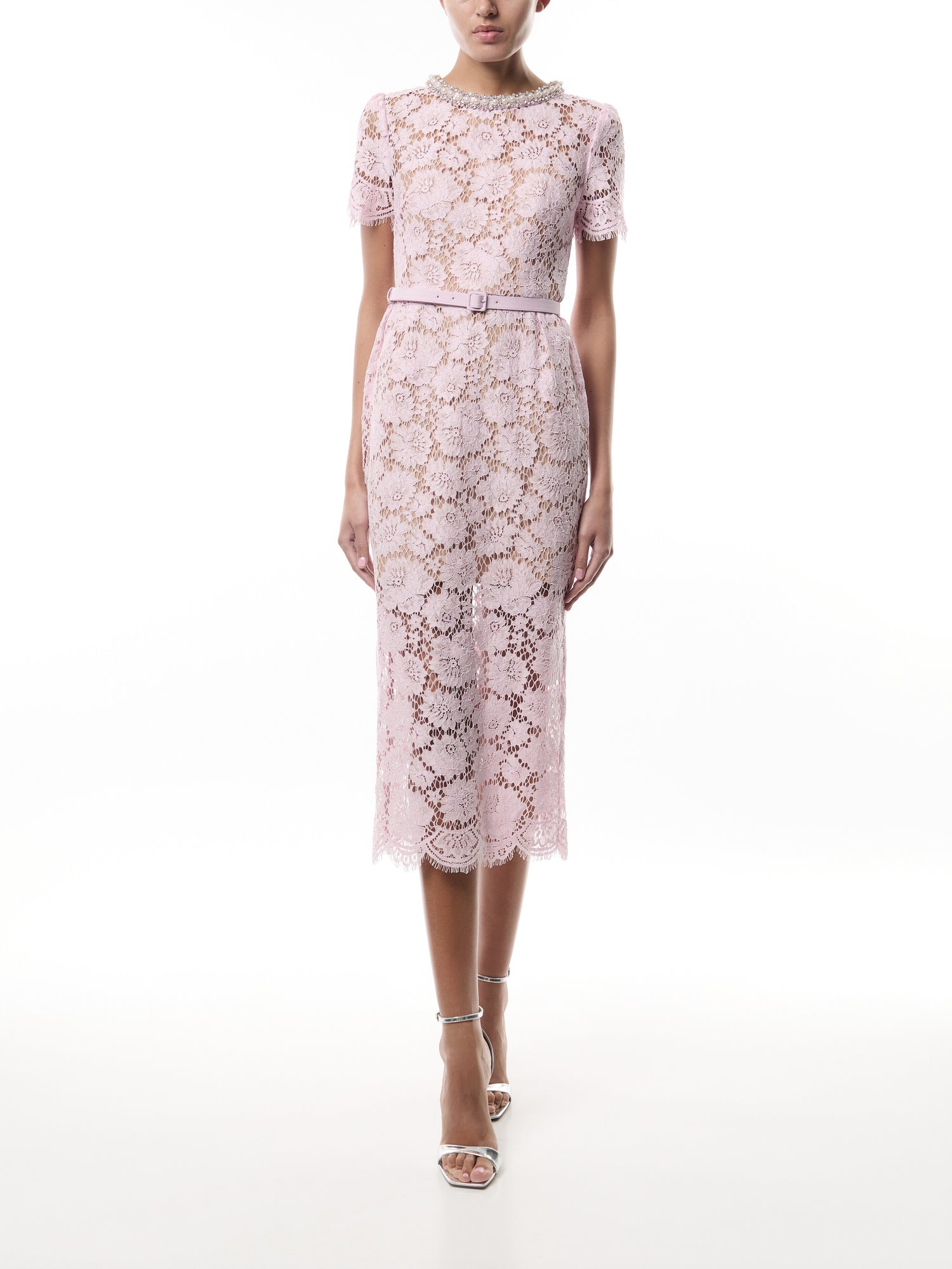 Pink Fine Lace Pearl Midi Dress