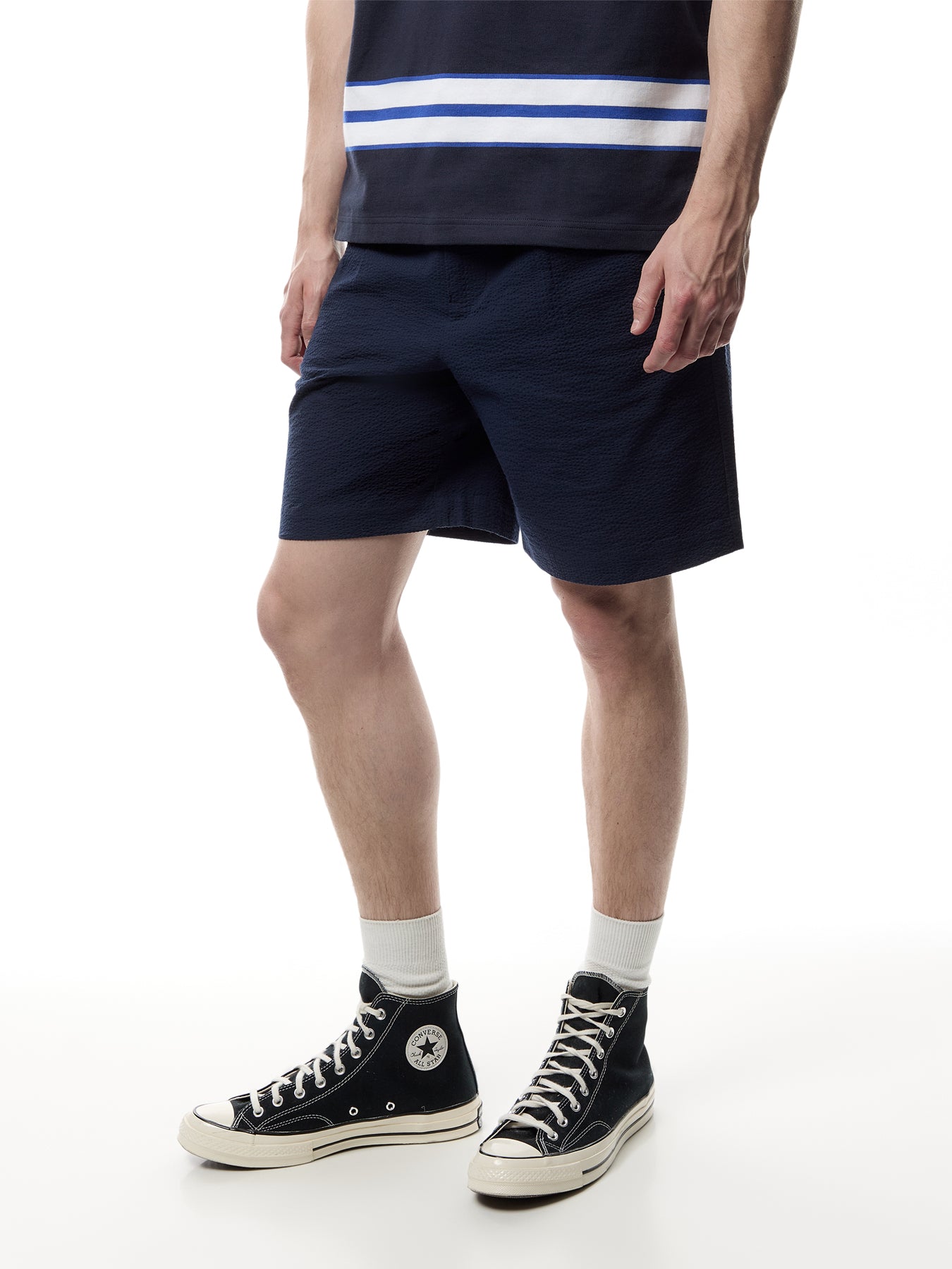Linton Navy Cotton Seersucker Pleated Shorts