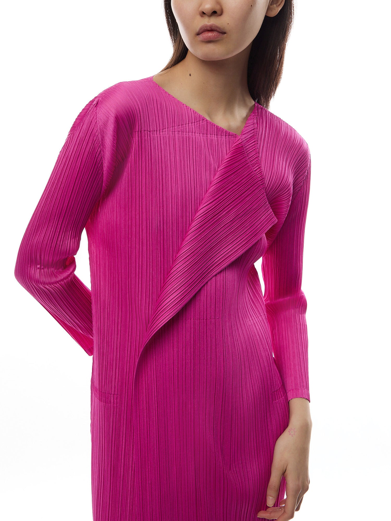 Pleats Light Wave Fold Detail Pink Midi Dress