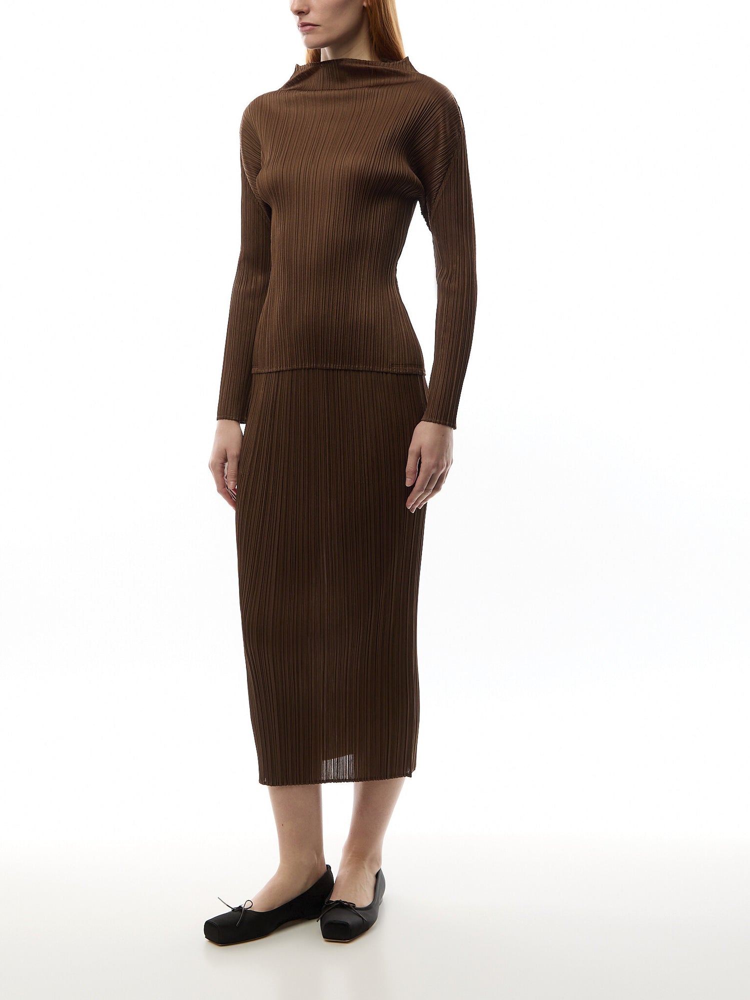 Pleats Colourful Basics Mock Neck Long Sleeve Brown Shirt