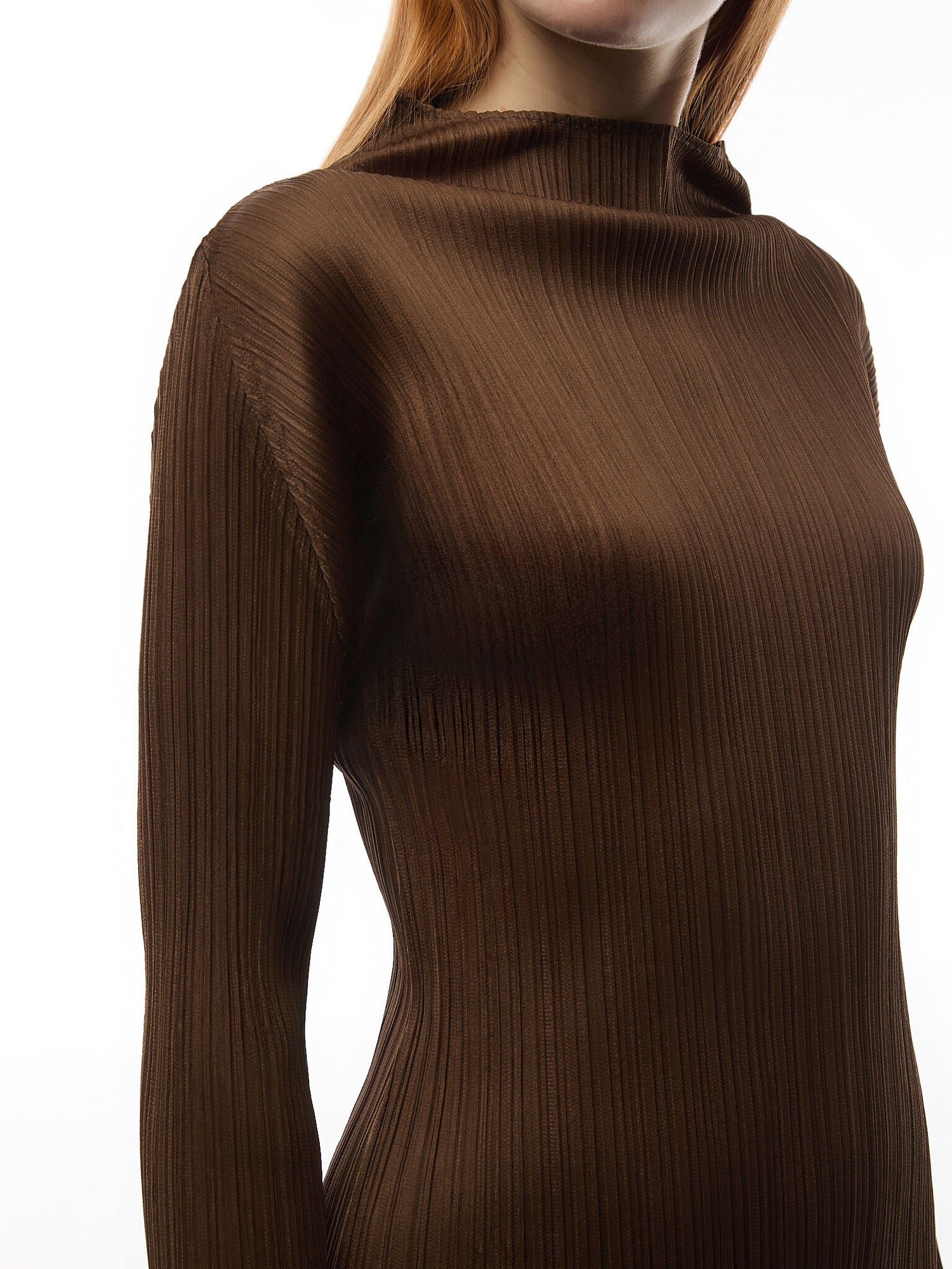 Pleats Colourful Basics Mock Neck Long Sleeve Brown Shirt