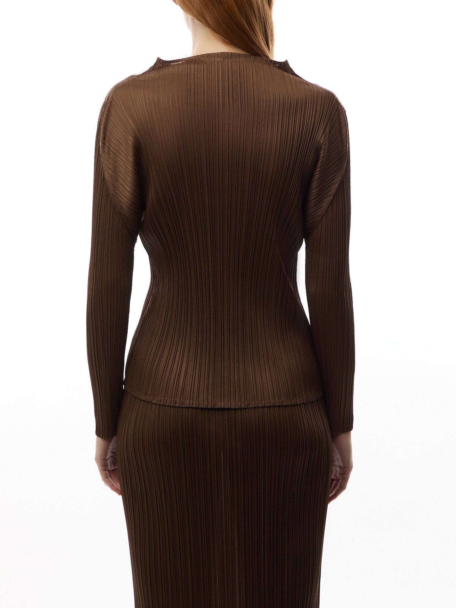 Pleats Colourful Basics Mock Neck Long Sleeve Brown Shirt