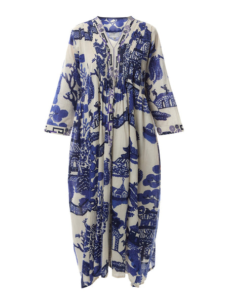 strapless open back dress Blue Giant Willows Cotton Pinch Pleat Dress – Caroline Gardner main image 0