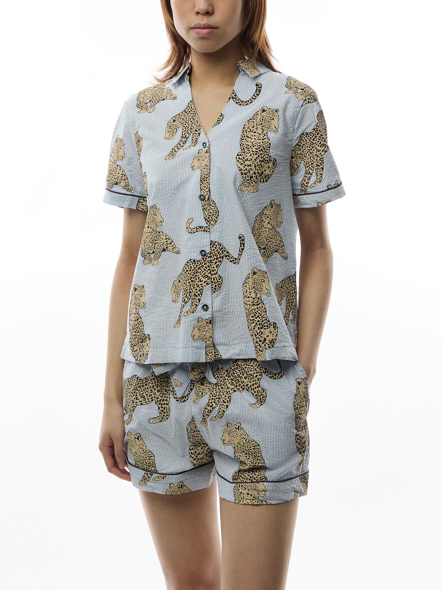 Seersucker Stripe Leopard Short Set