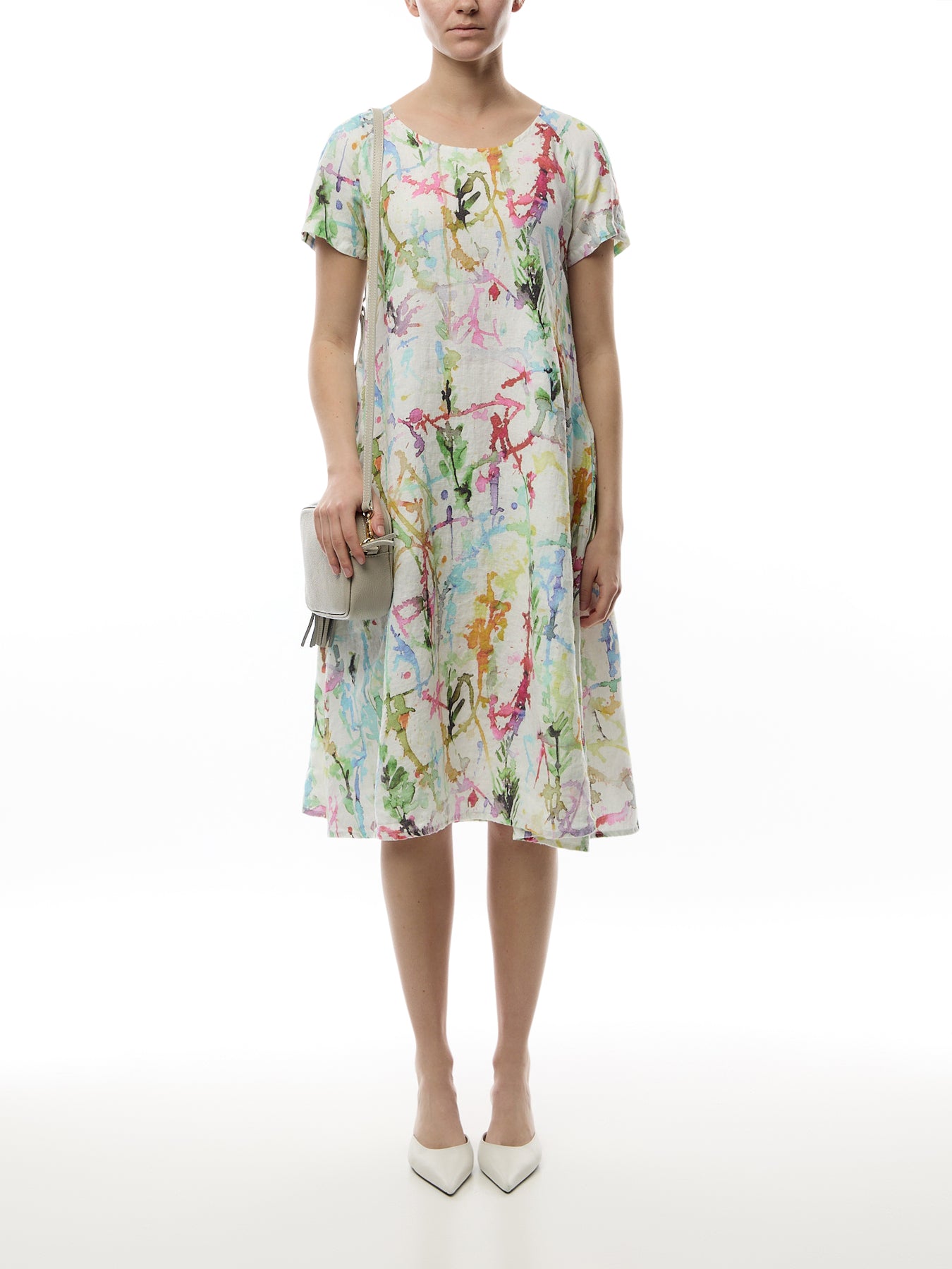 Short Sleeve A Line Printed Linen Dress