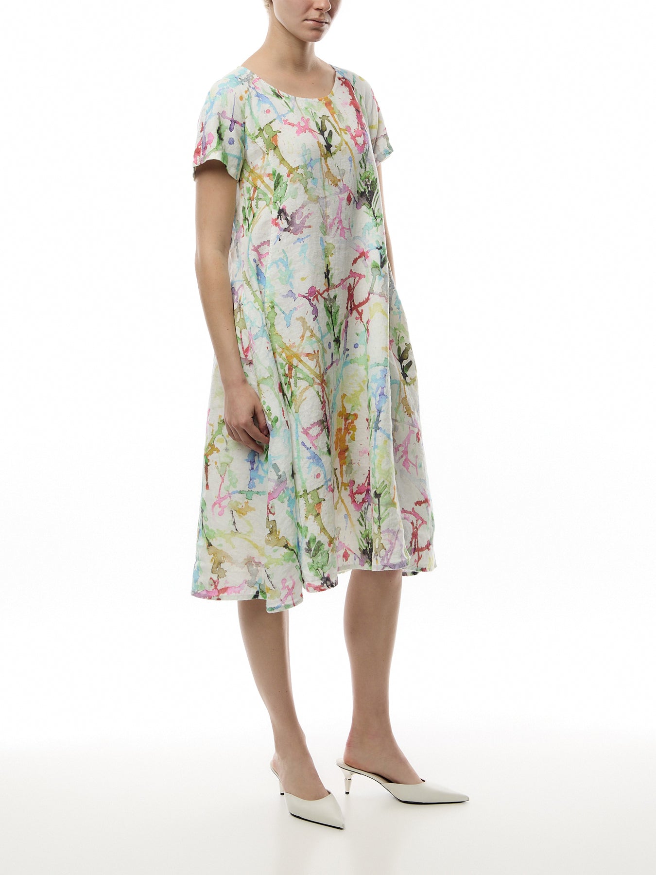 Short Sleeve A Line Printed Linen Dress