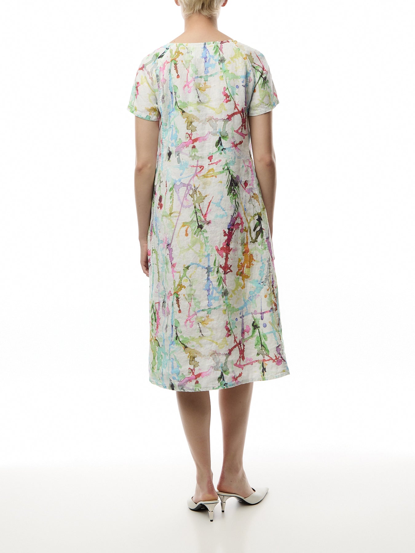 Short Sleeve A Line Printed Linen Dress