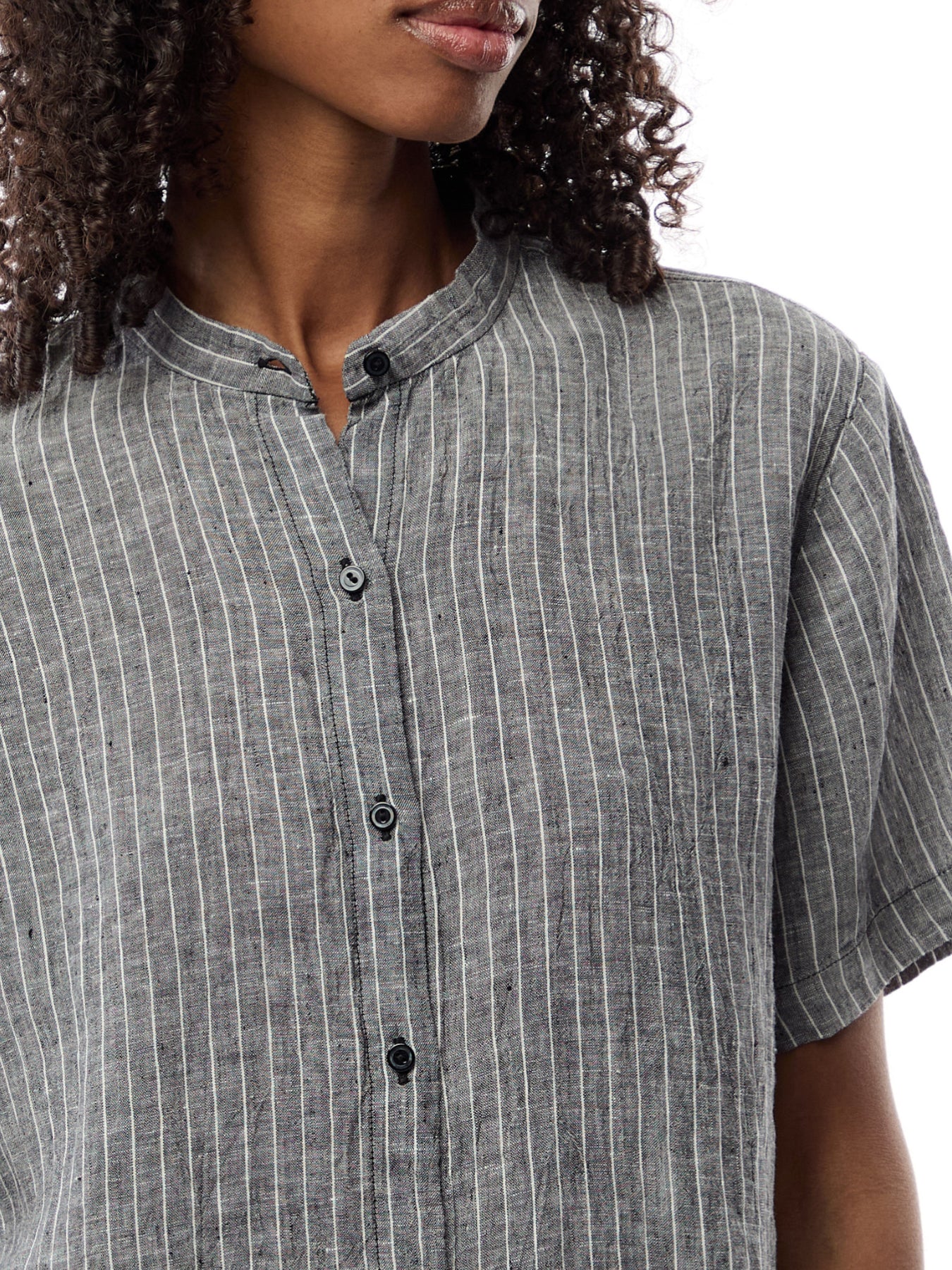 Mandarin Collar Short Slv Shirt Puckered Linen