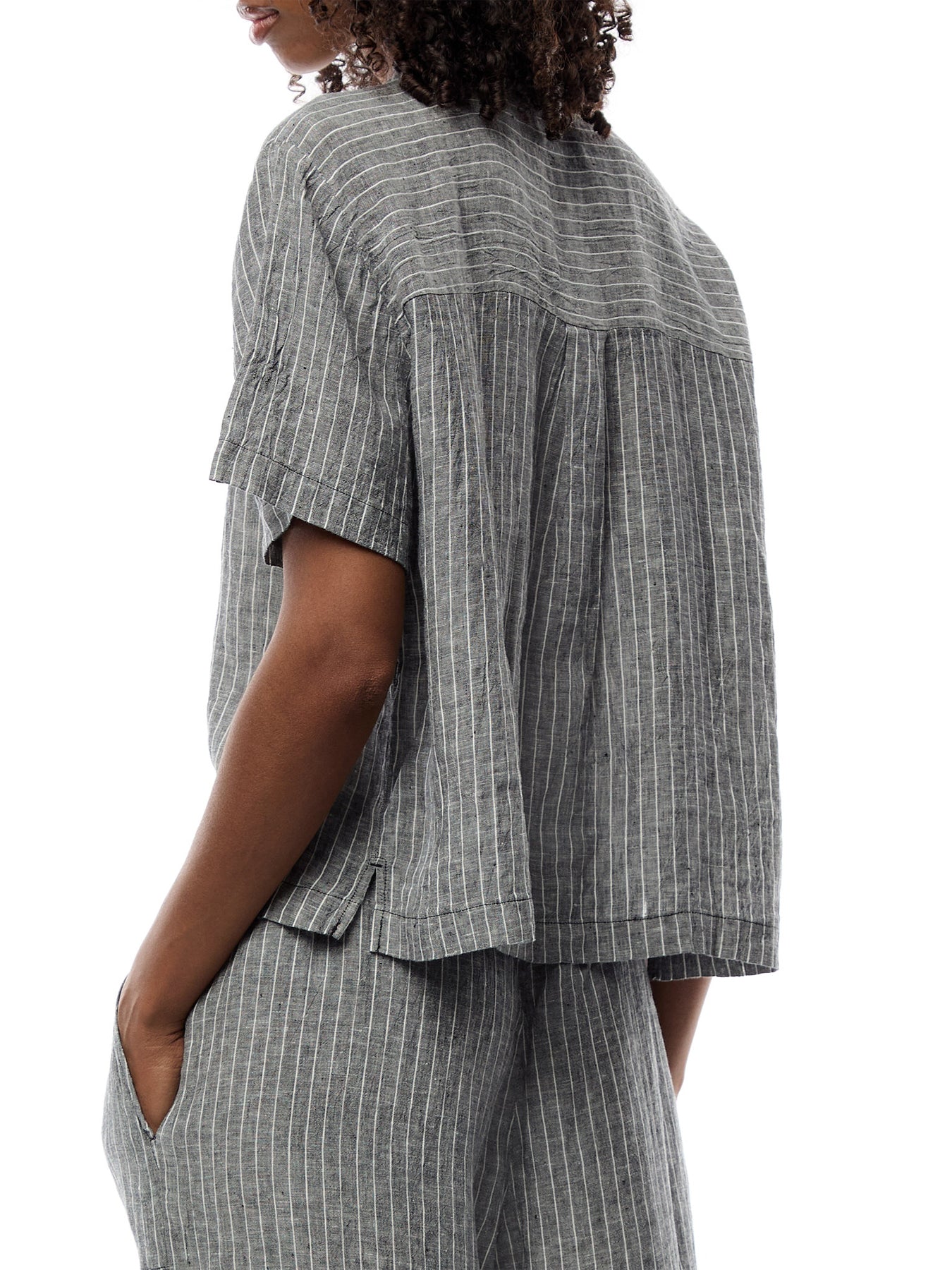 Mandarin Collar Short Slv Shirt Puckered Linen