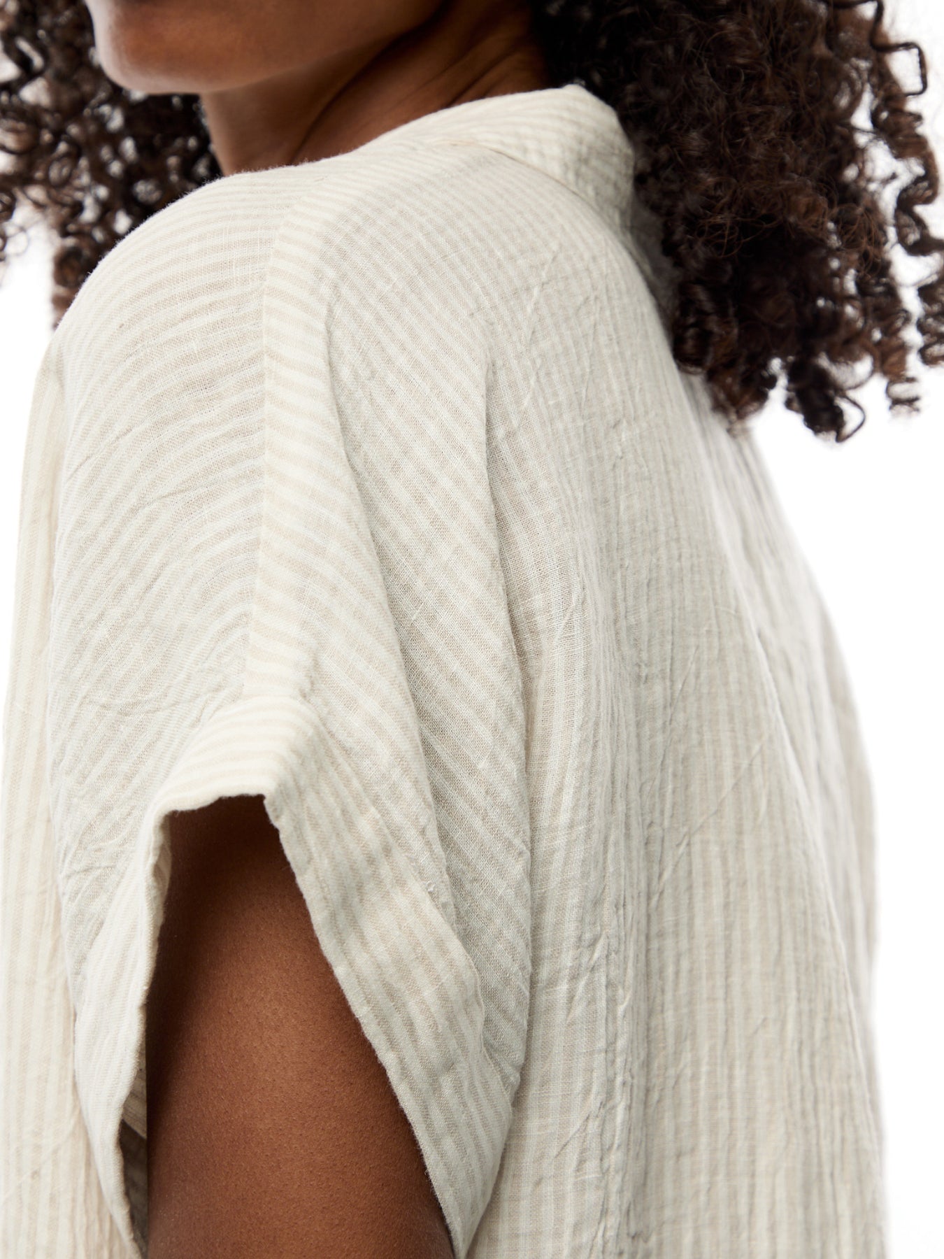 Notch Collar Top W/ Cuffed Cap Slv Linen Stripe