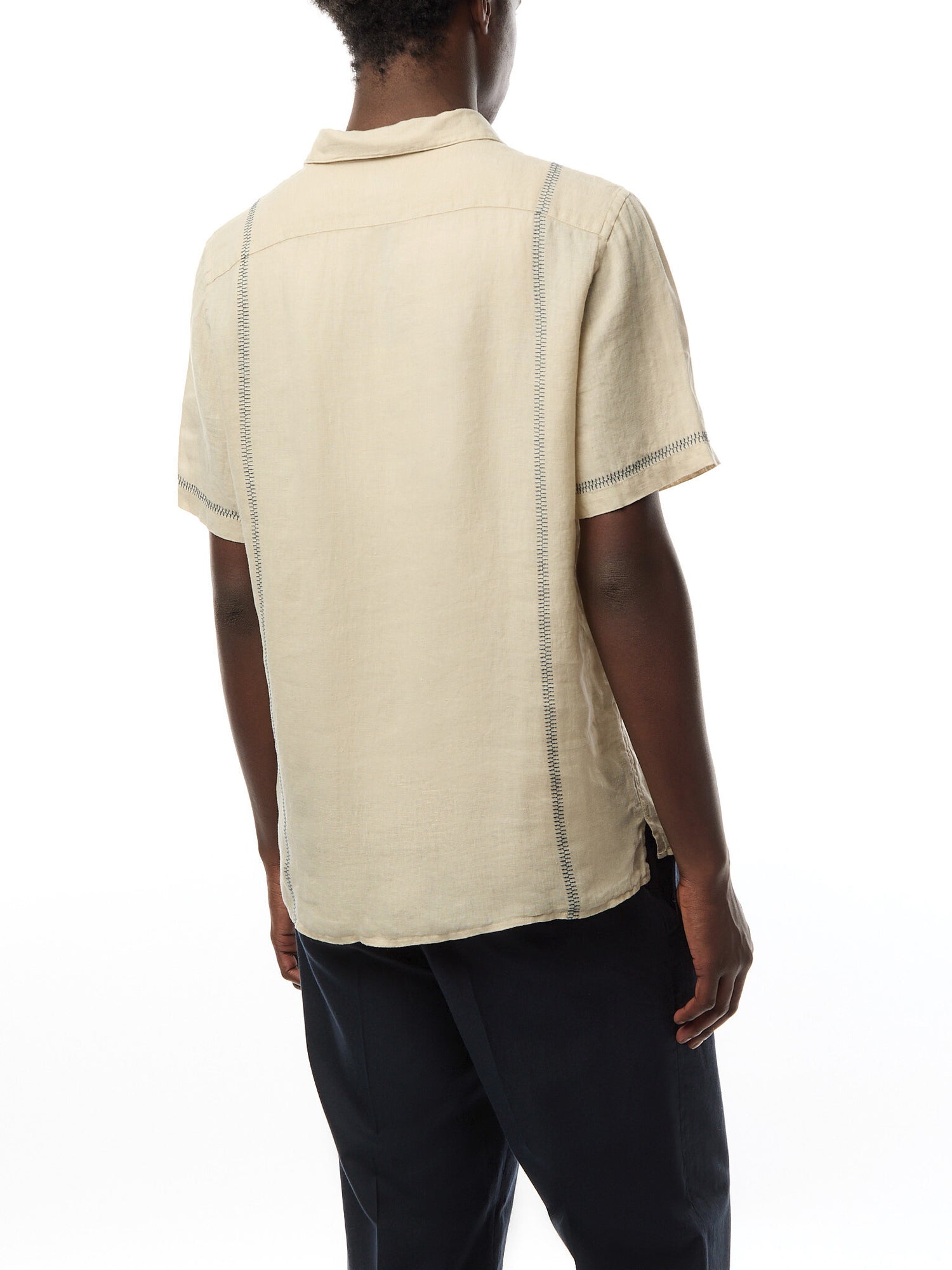 Linen Open Collar S/S Imbroided Shirt