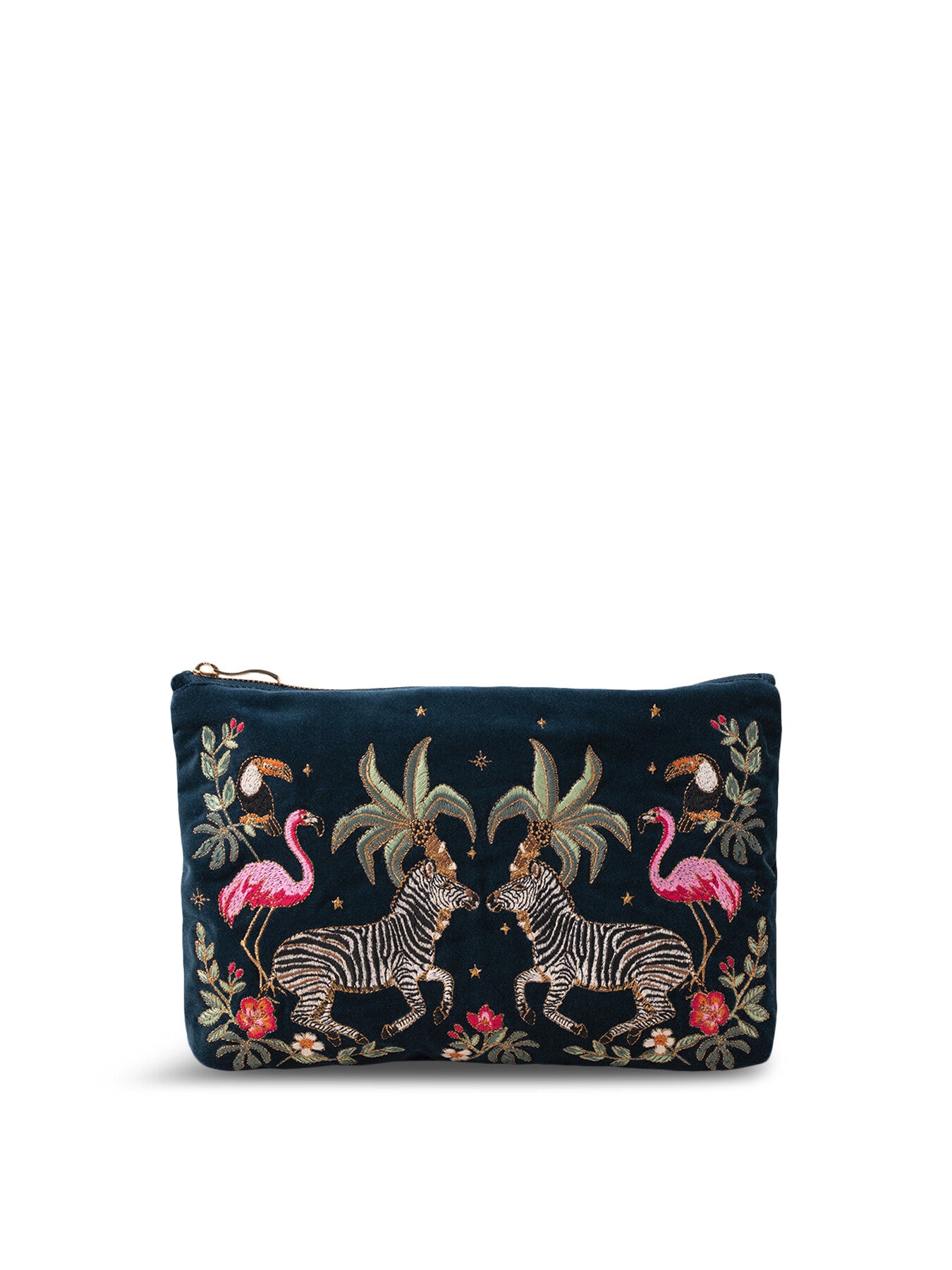 Zebra Wild Palm Velvet Everyday Pouch Navy