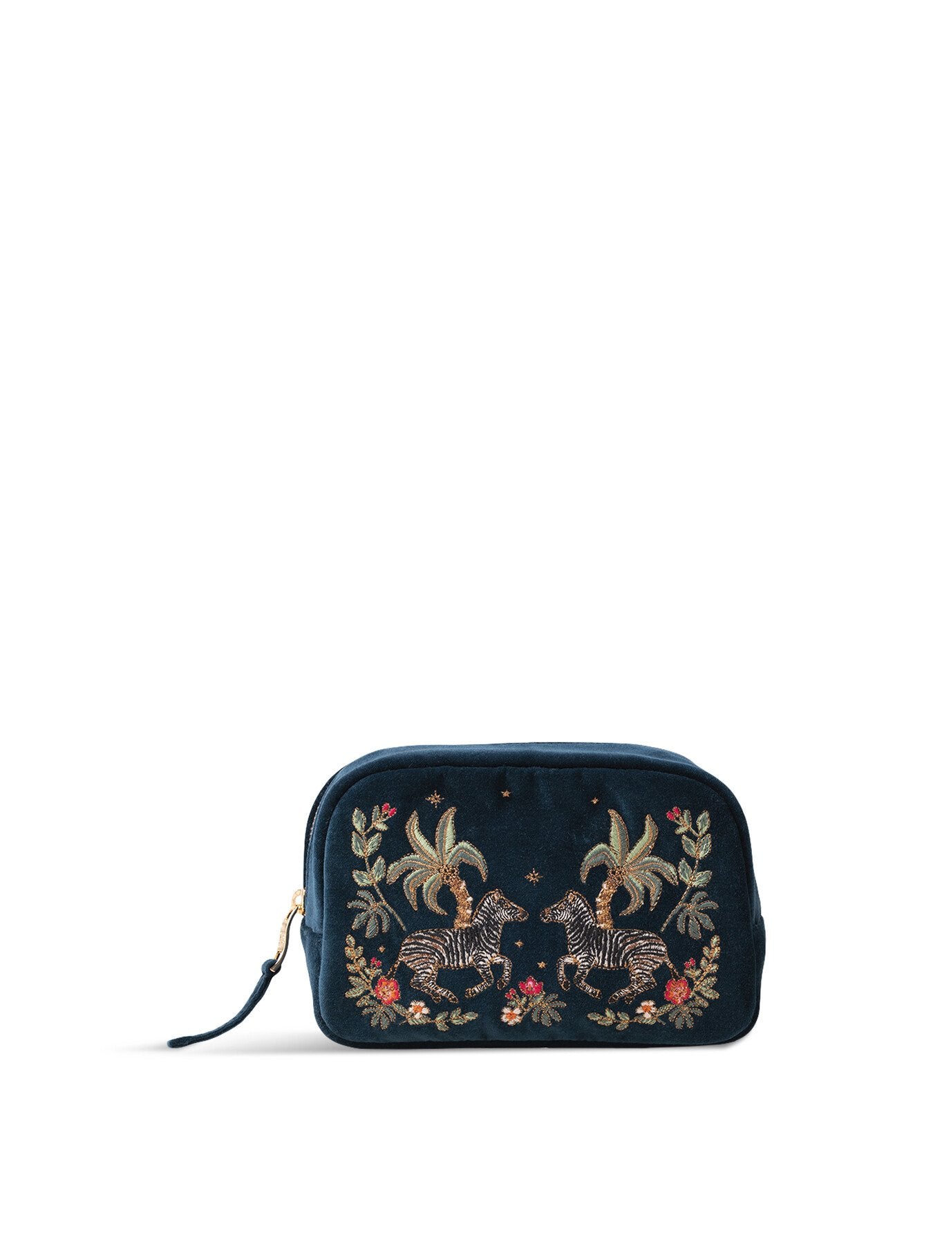 Zebra Wild Palm Navy Velvet Make-Up Bag
