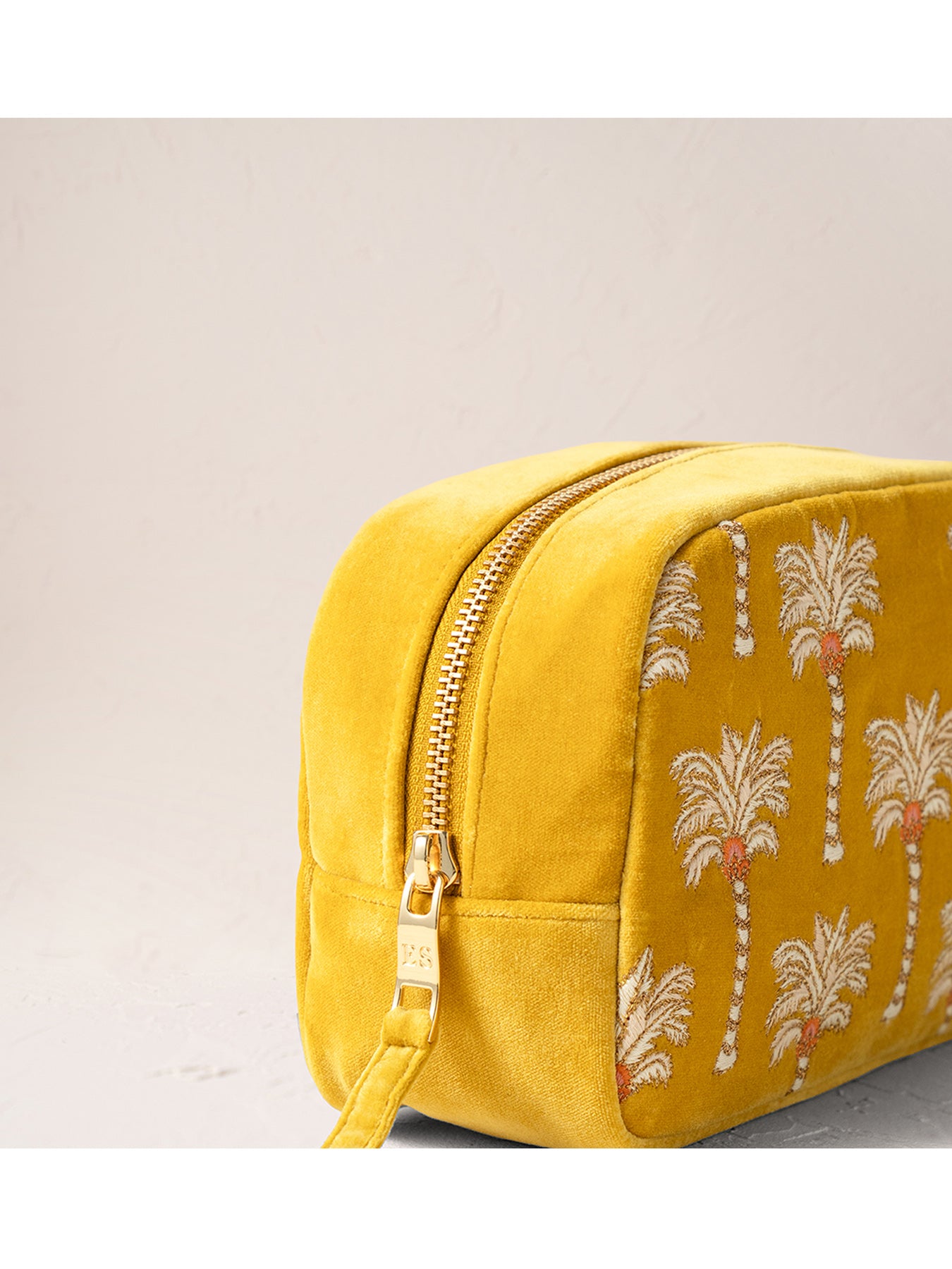 Sunrise Palms Mustard Velvet Makeup Bag