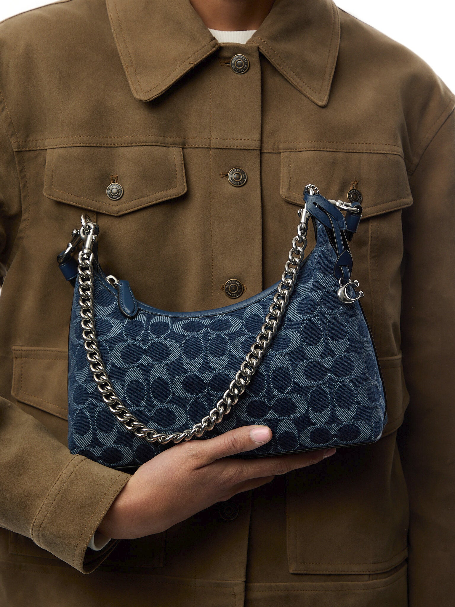 Washed Denim Signature Juliet Shoulder Bag 25 Deep Blue Multi