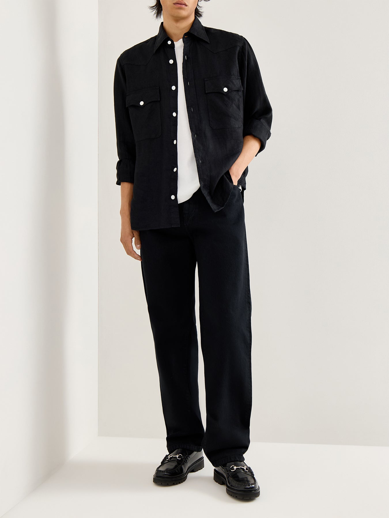Linen Two-Pocket Twill Western Shirt Black