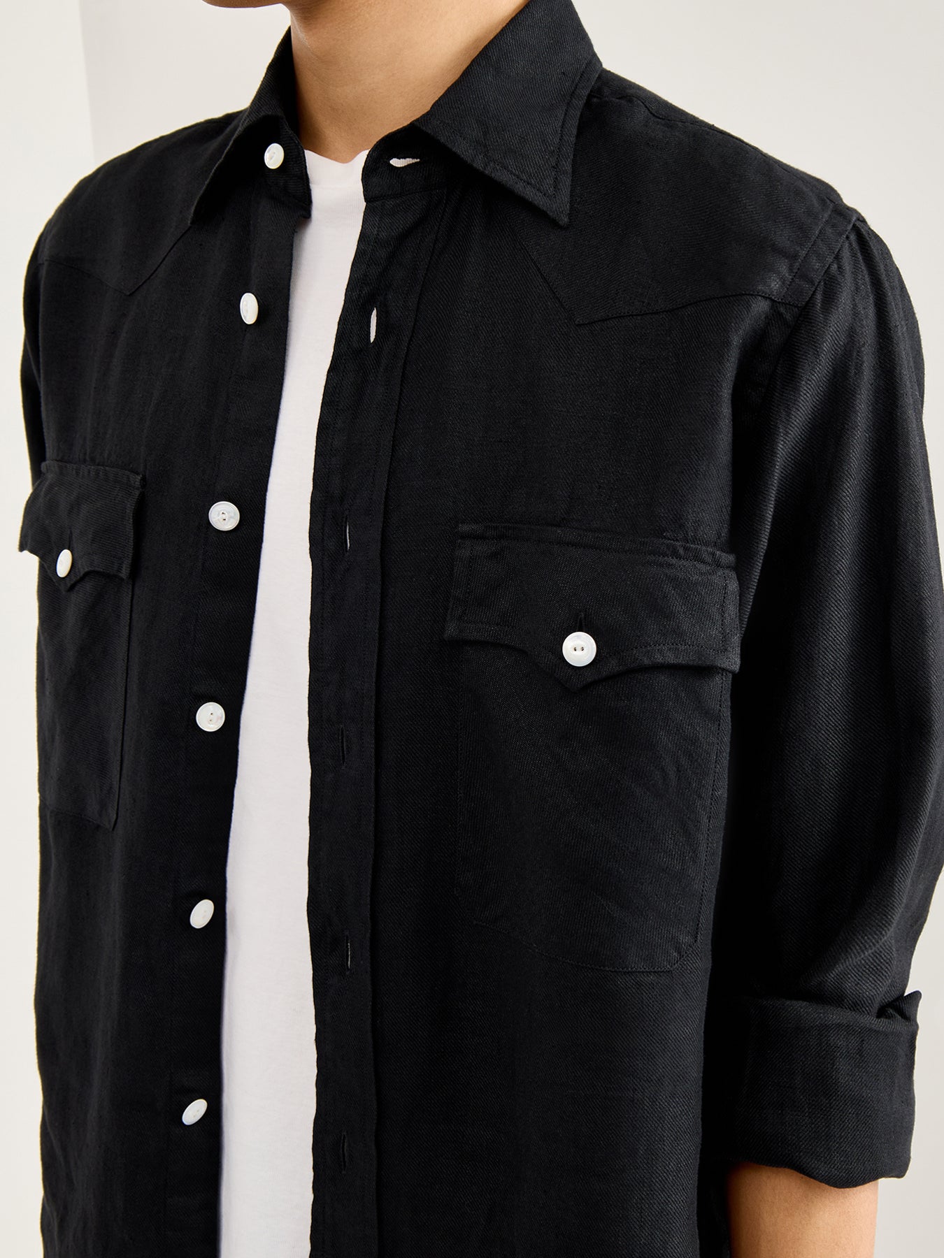 Linen Two-Pocket Twill Western Shirt Black