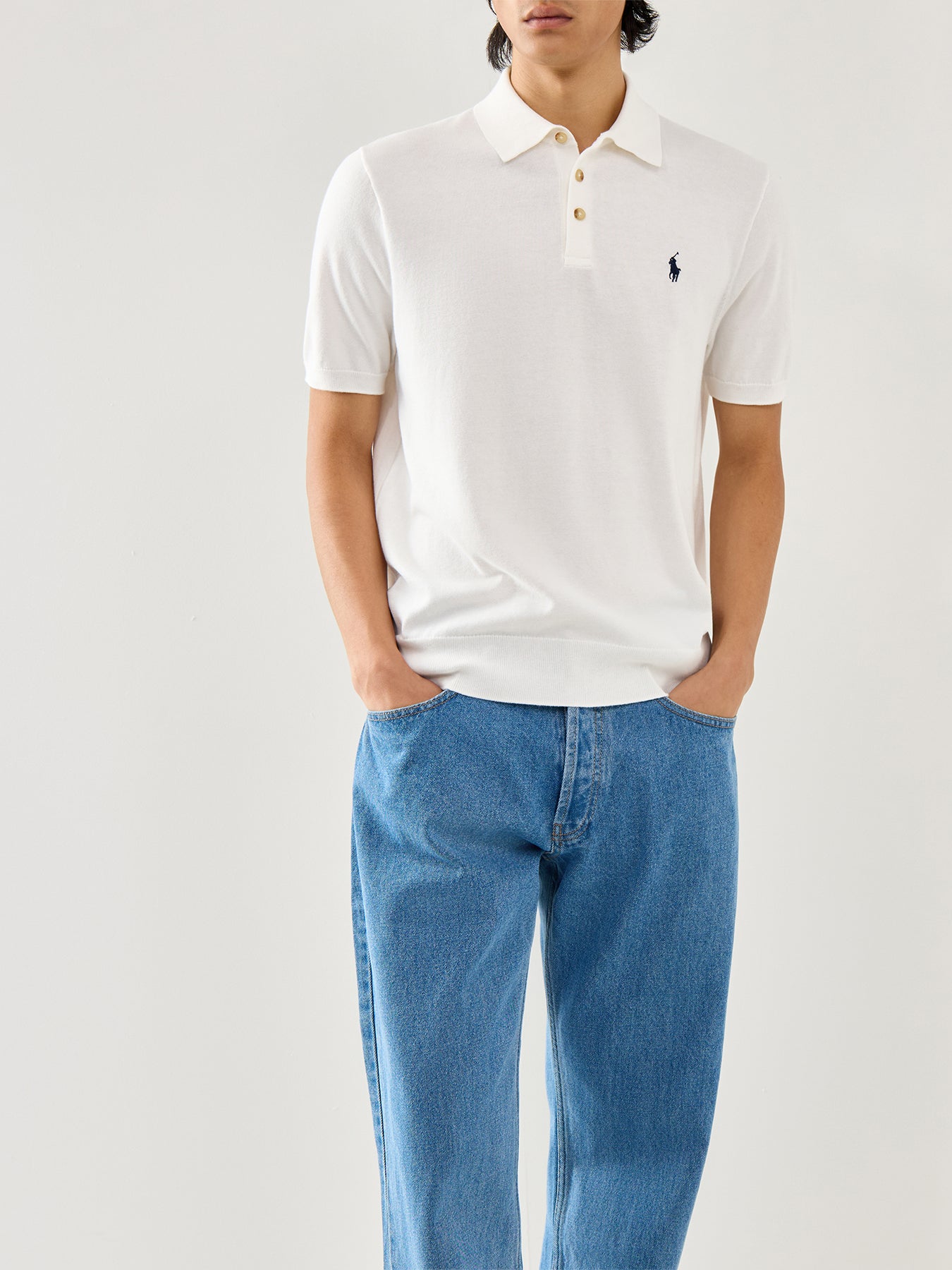 Knitwearted Polo Top Deckwash White Navy