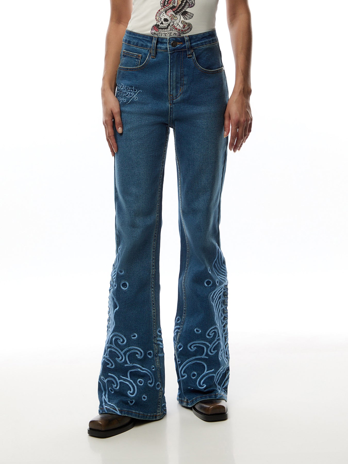 Womens Jumping Koi Denim Flared Jeans