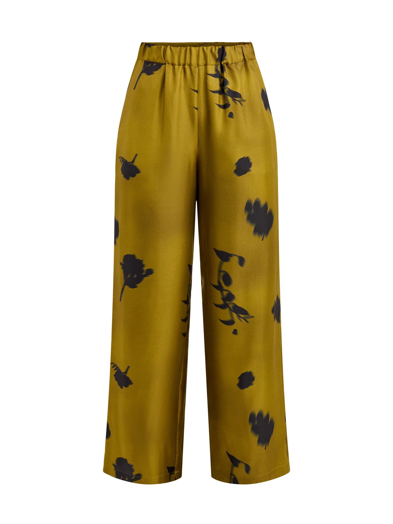 Helga Silk Printed Wide Leg Trouser Elastic Waist Olive Green