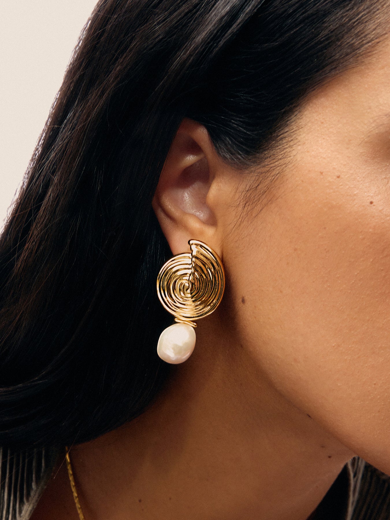 Spiral Pearl Large Drop Earrings Gold