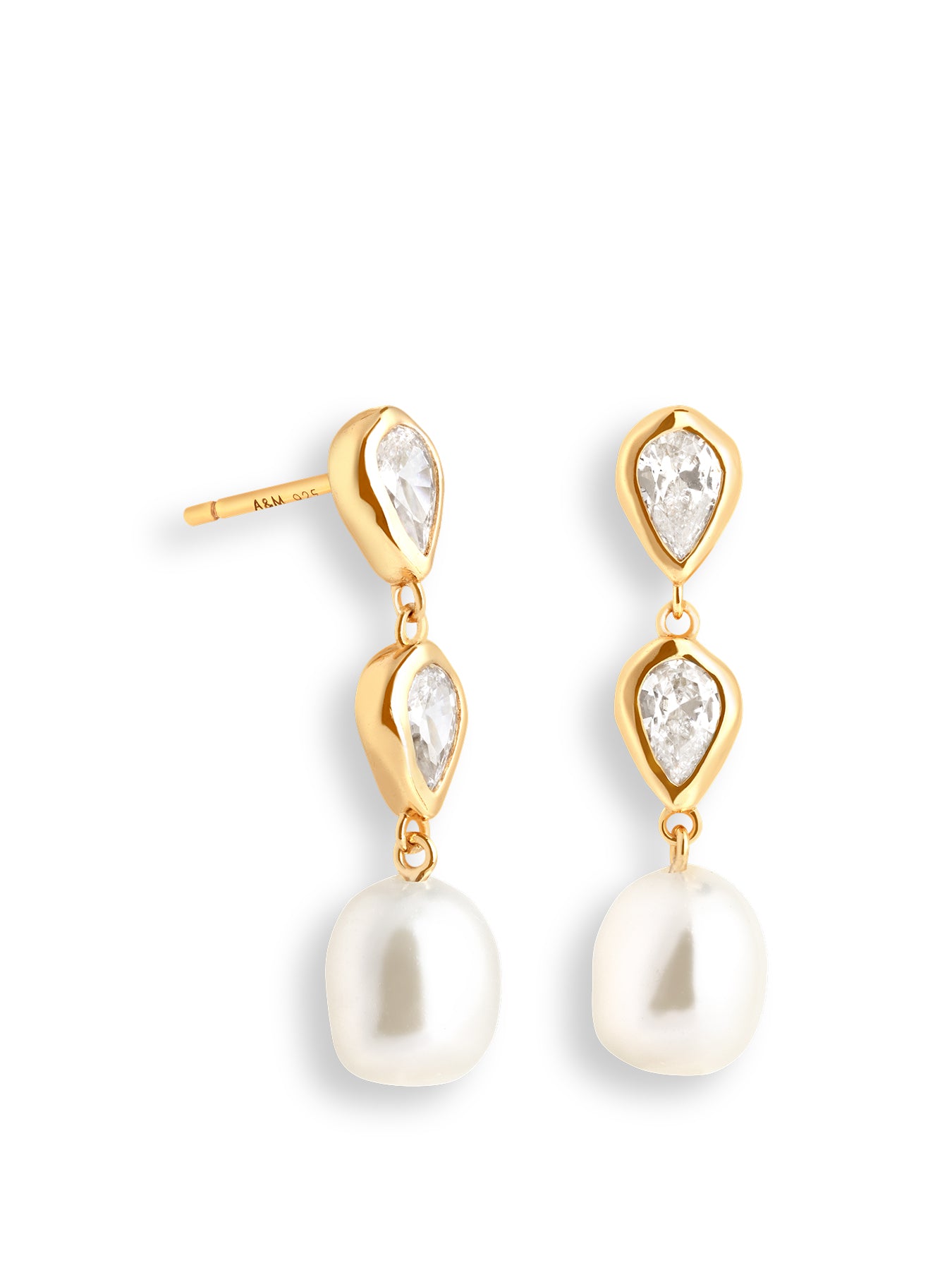 Gold Pear Bezel & Pearl Drop Earring Studs