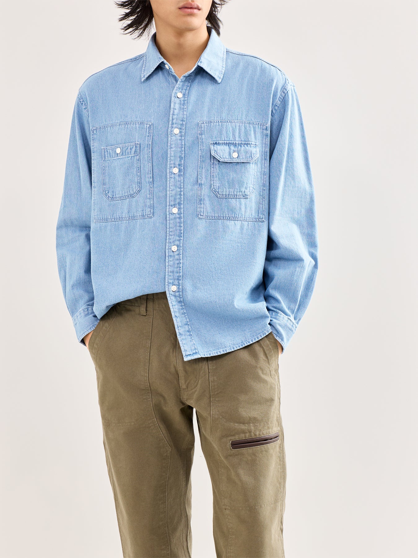 Bleach Denim Utility Shirt Blue