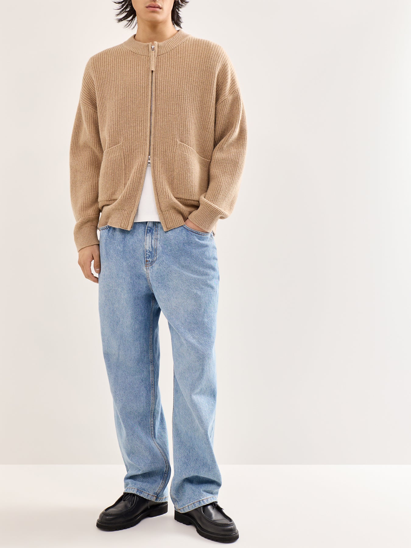 Wool Deck Zip-Up Cardigan Beige