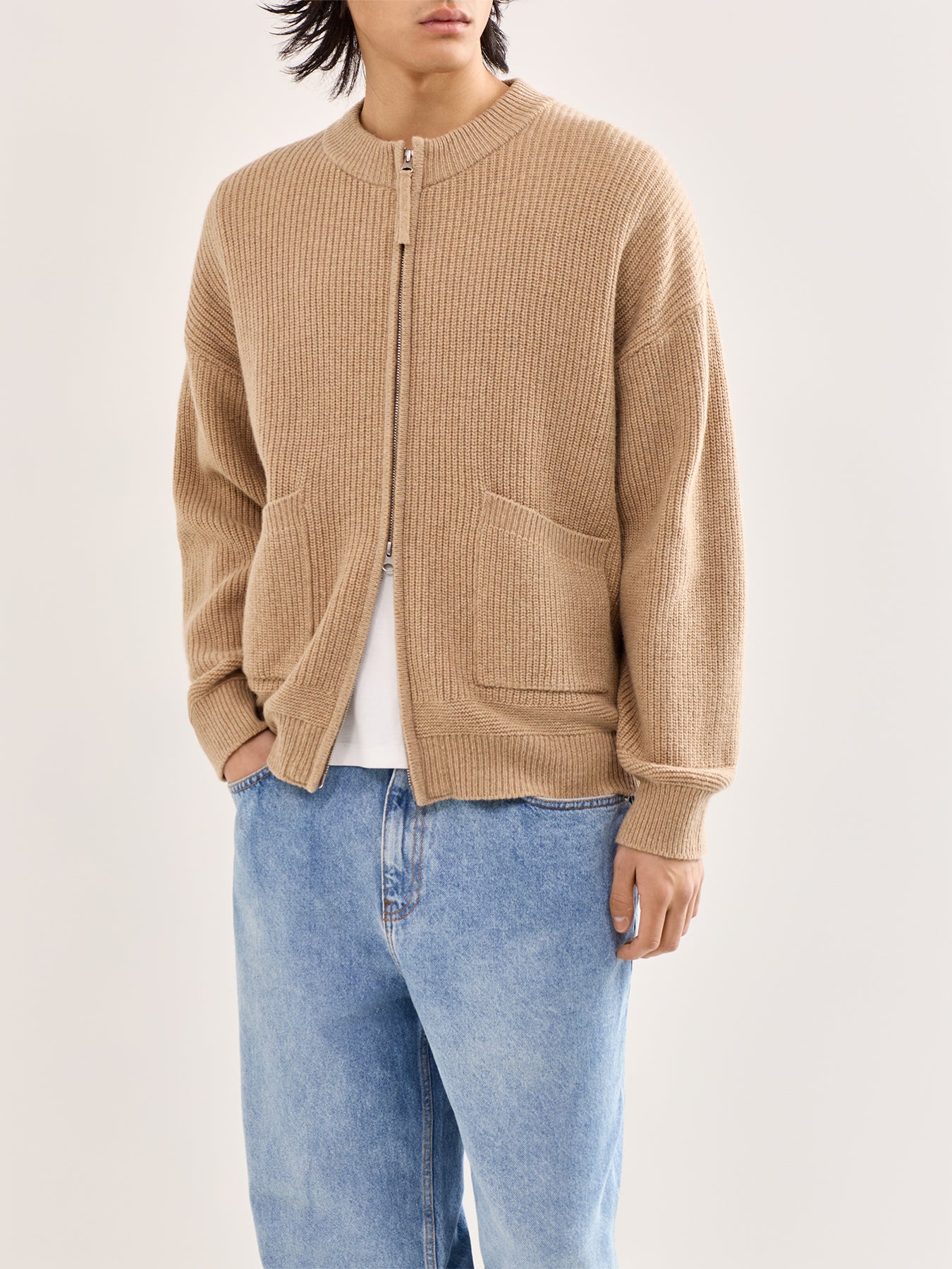 Wool Deck Zip-Up Cardigan Beige
