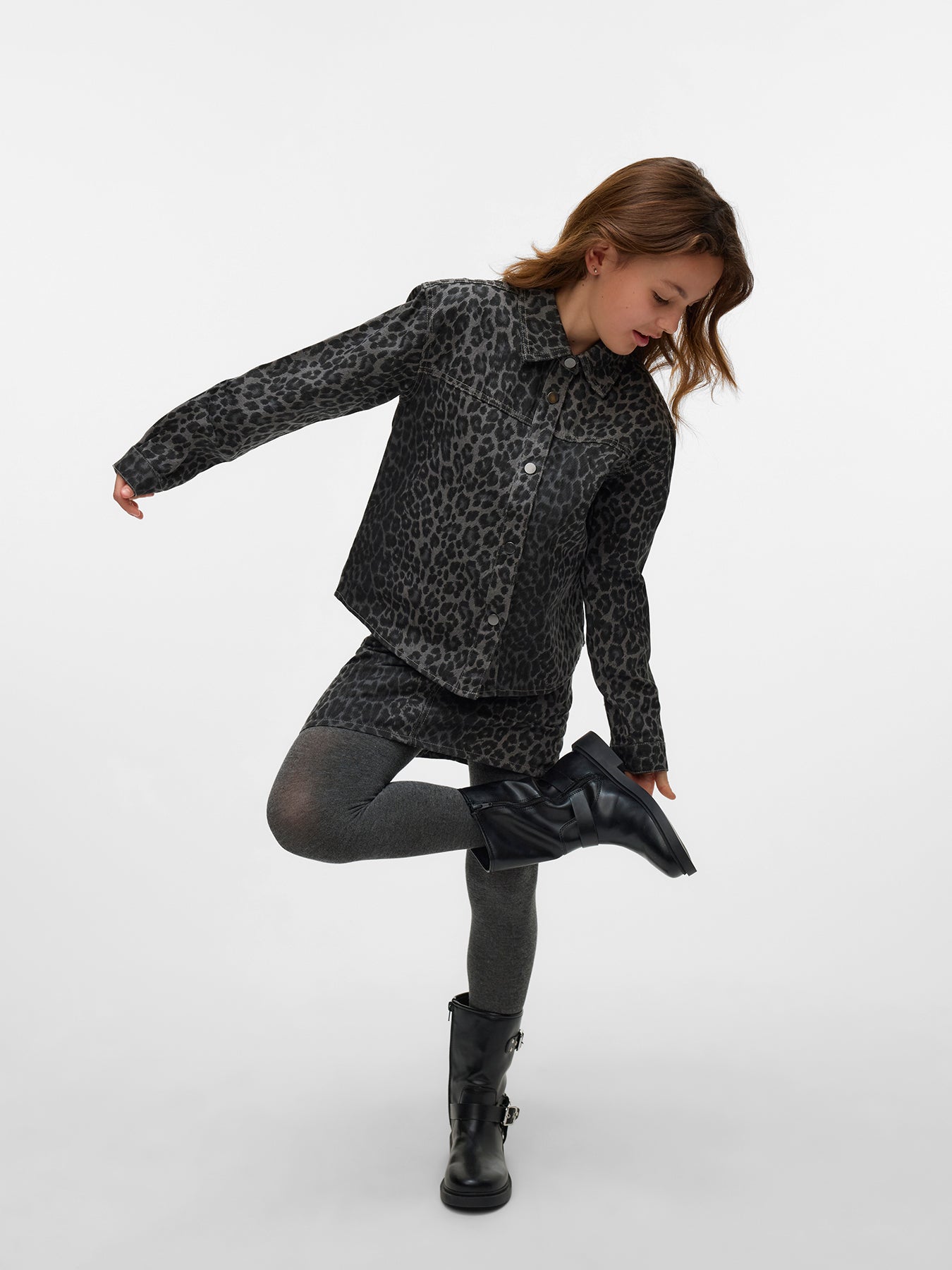 Lenora Denim Shirt Girl Leopard Print