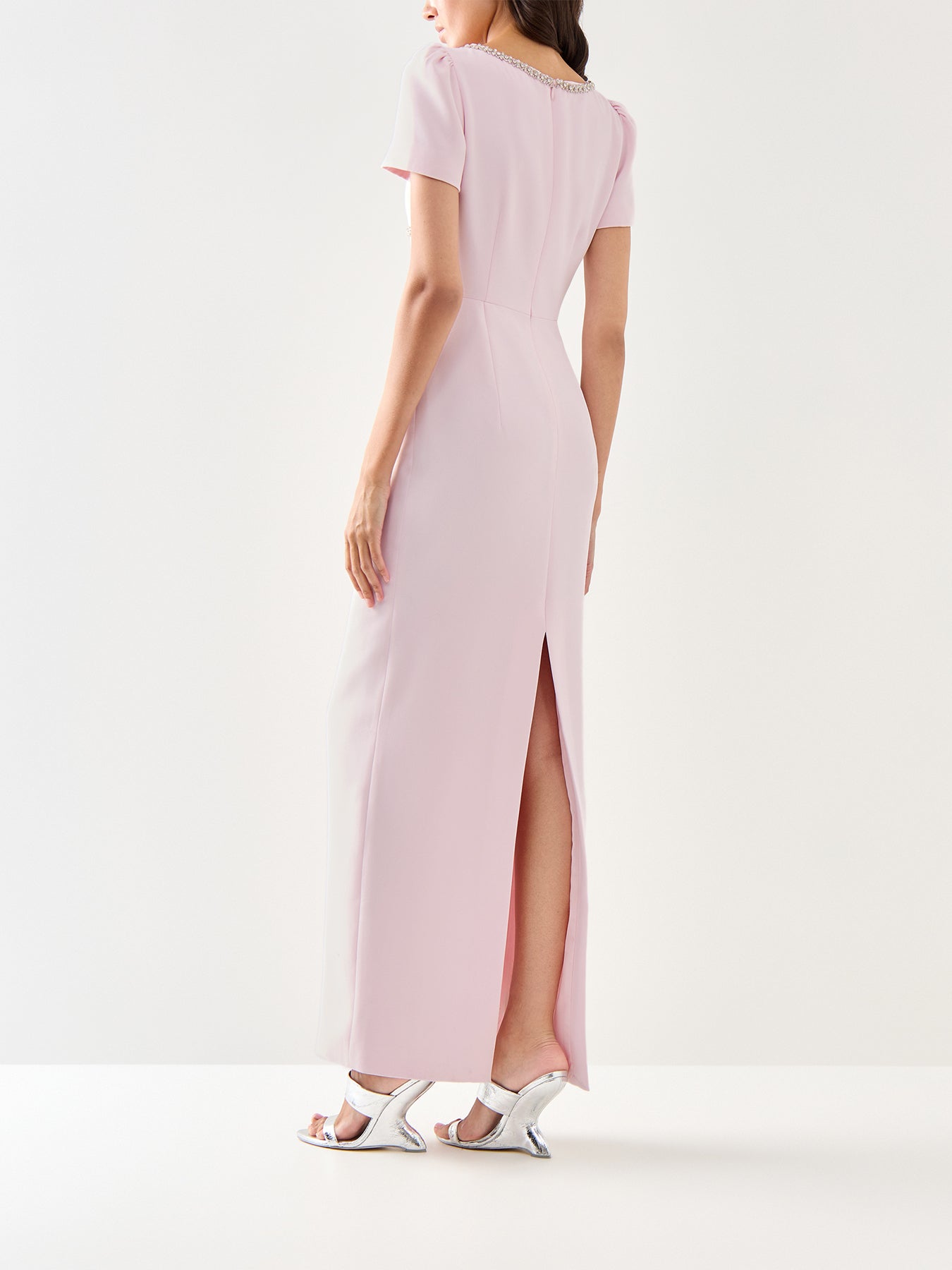 Pink Crepe Crystal Trim Maxi Dress