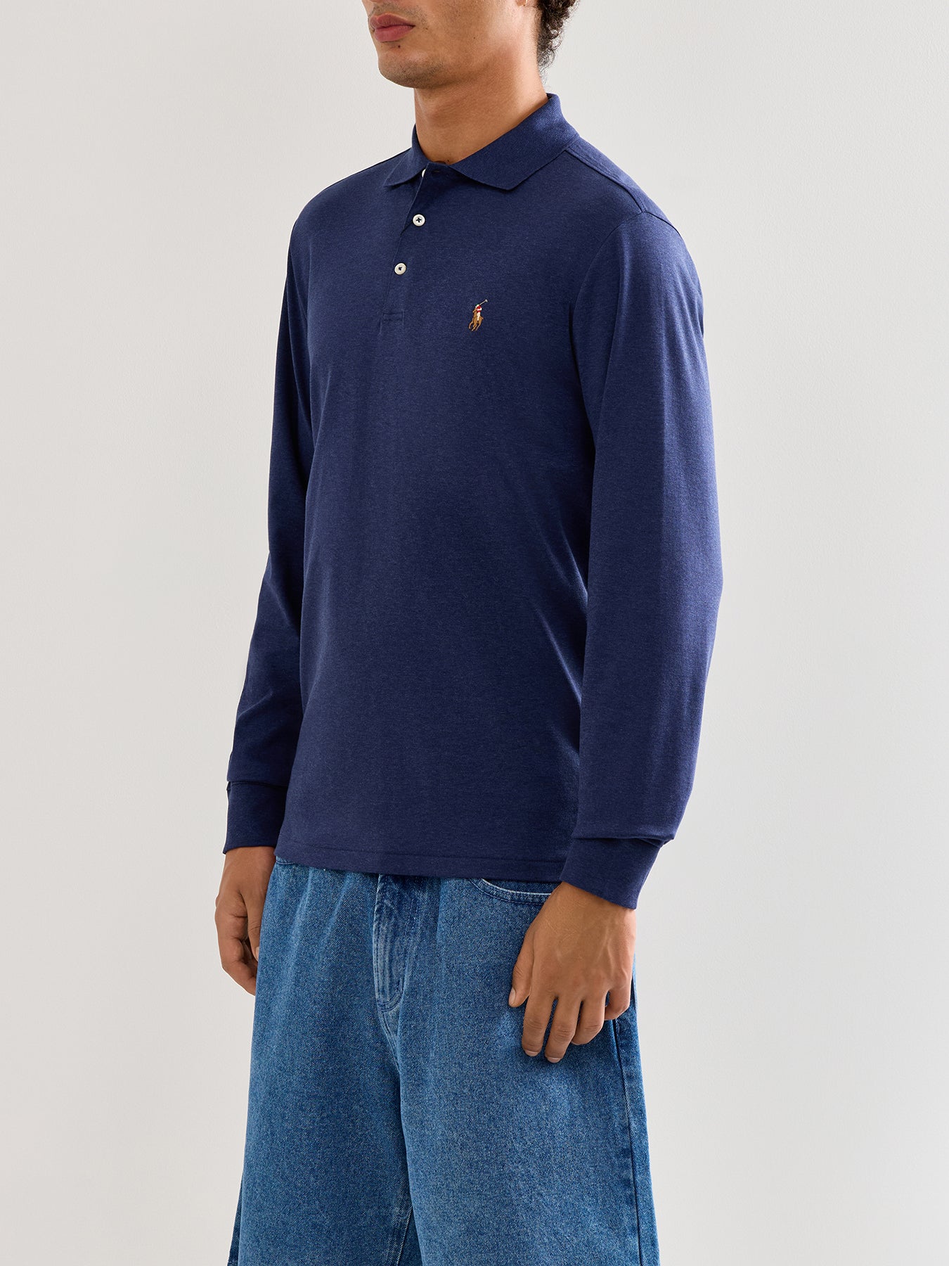 Pima Cotton Long Sleeves Polo Top Blue
