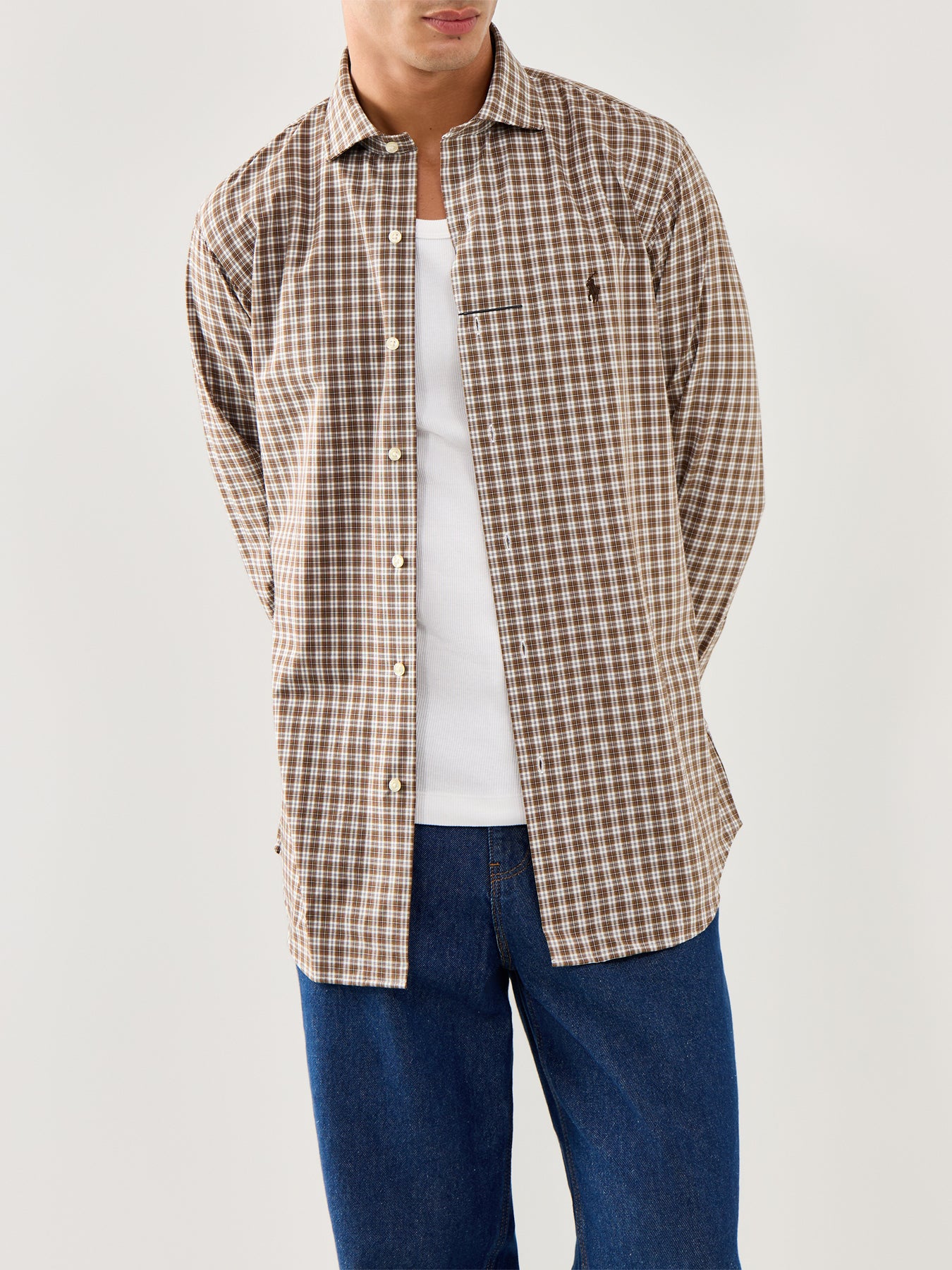 Custom Fit Stretch Poplin Check Shirt Brown