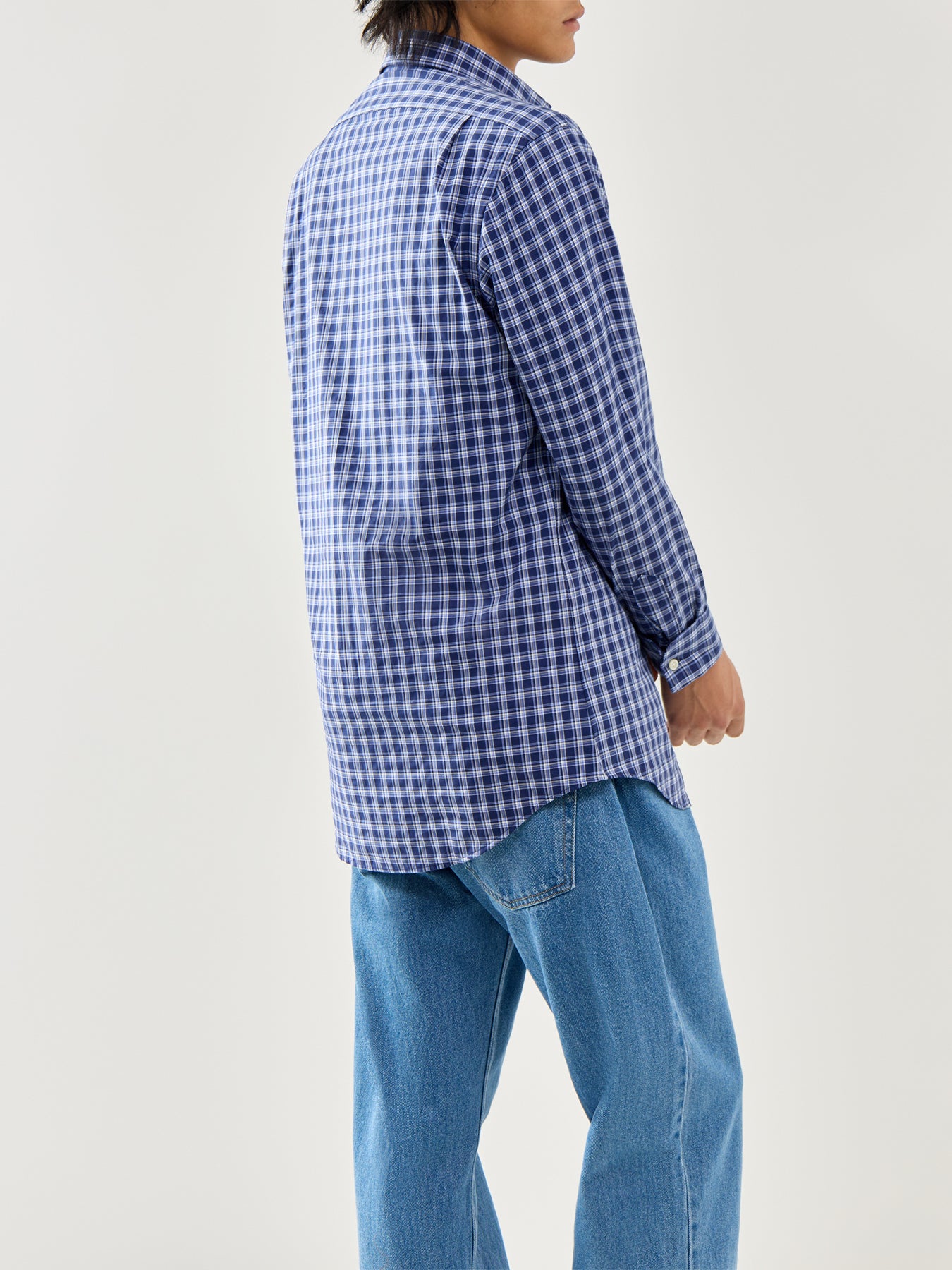 Custom Fit Stretch Poplin Check Shirt Navy Multi
