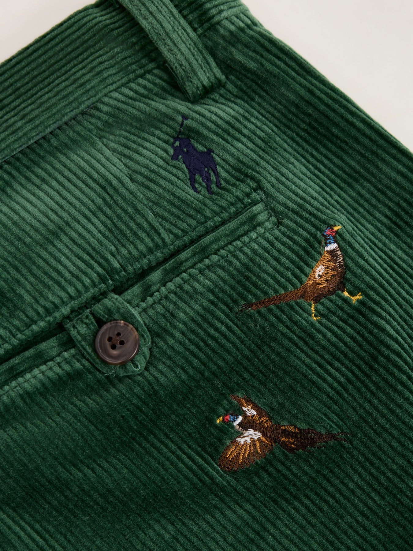 Bedford Cord Pheasant Print Trousers Green