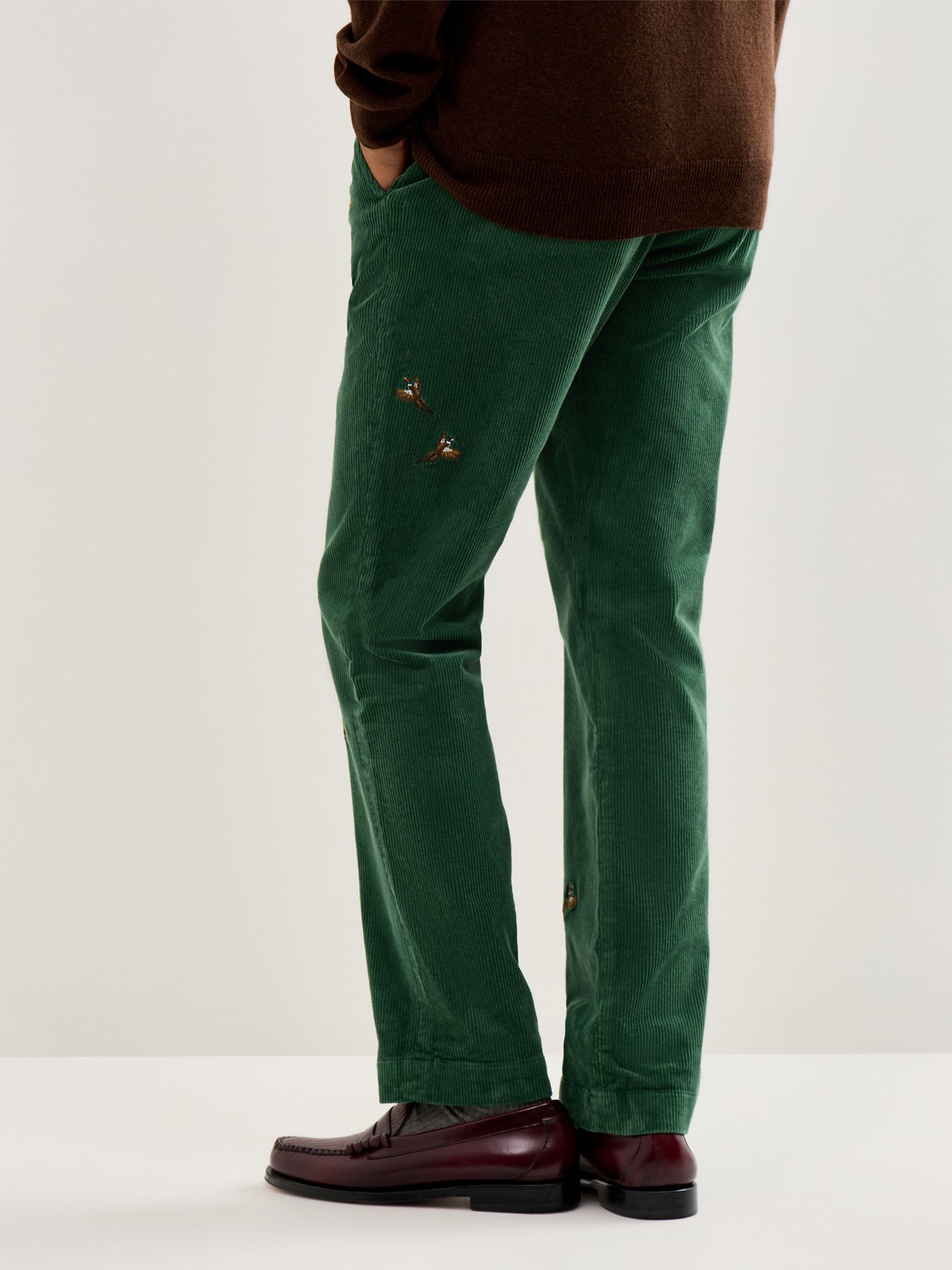 Bedford Cord Pheasant Print Trousers Green