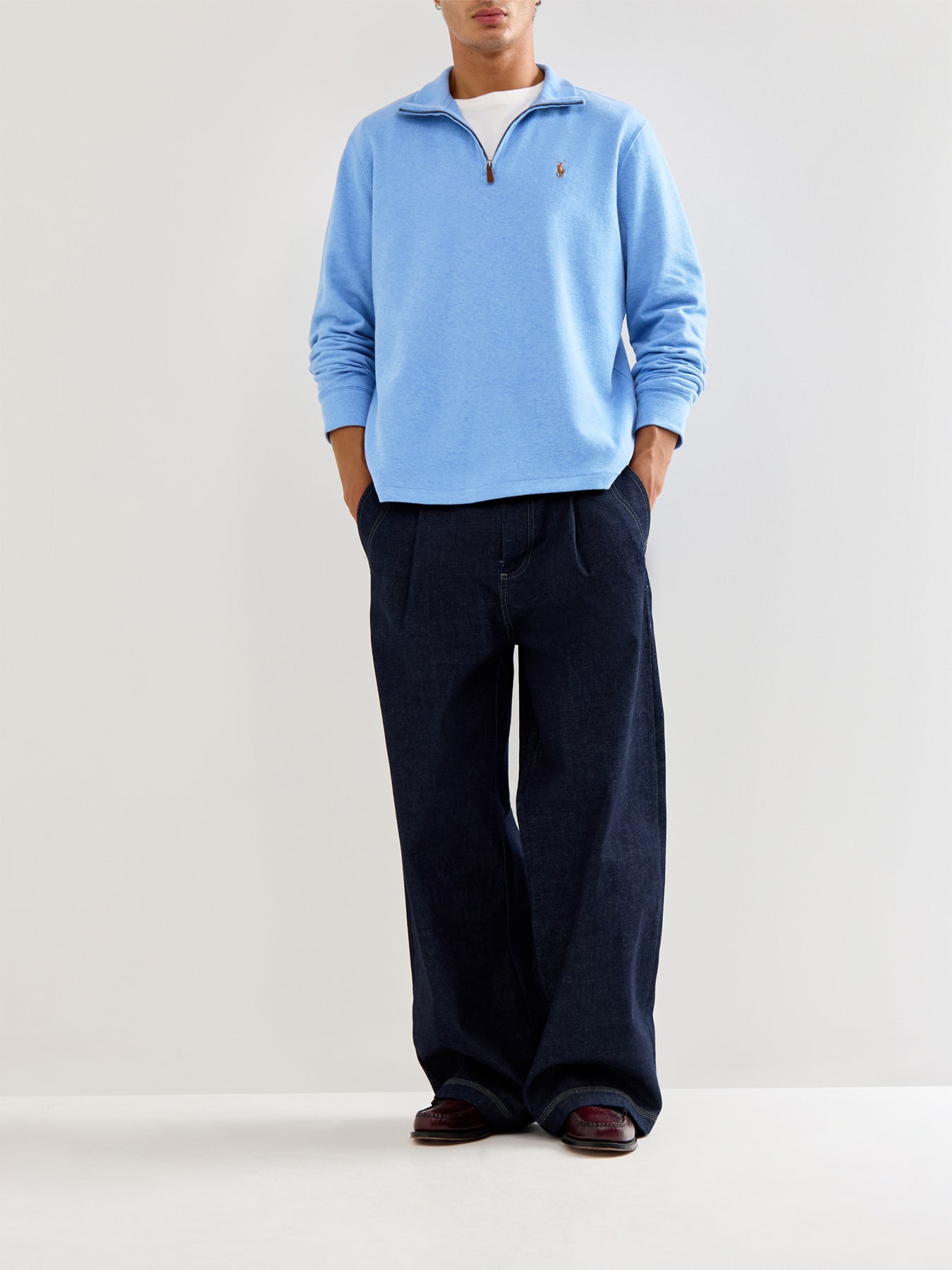 1/4 Zip Ribbed Cotton Sweatshirt Blue