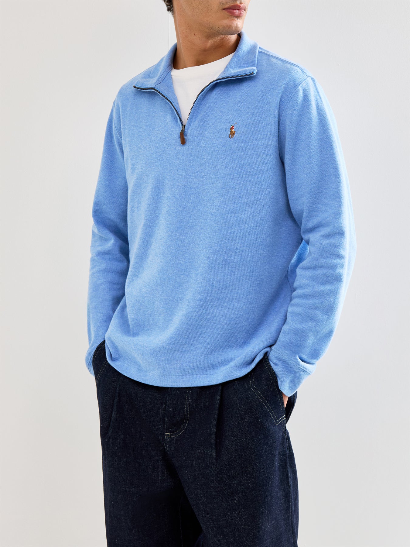 1/4 Zip Ribbed Cotton Sweatshirt Blue