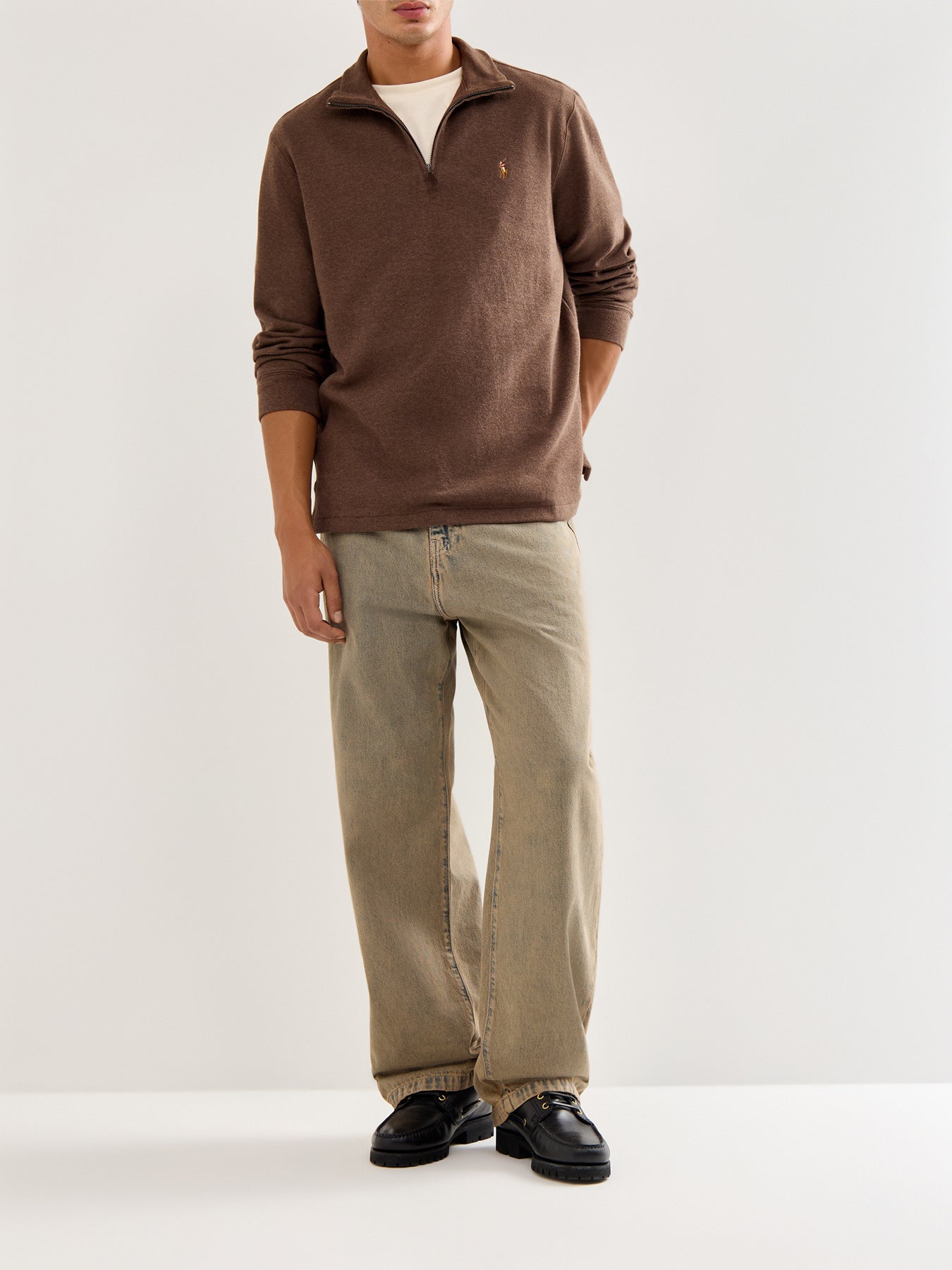 1/4 Zip Ribbed Cotton Sweatshirt Brown