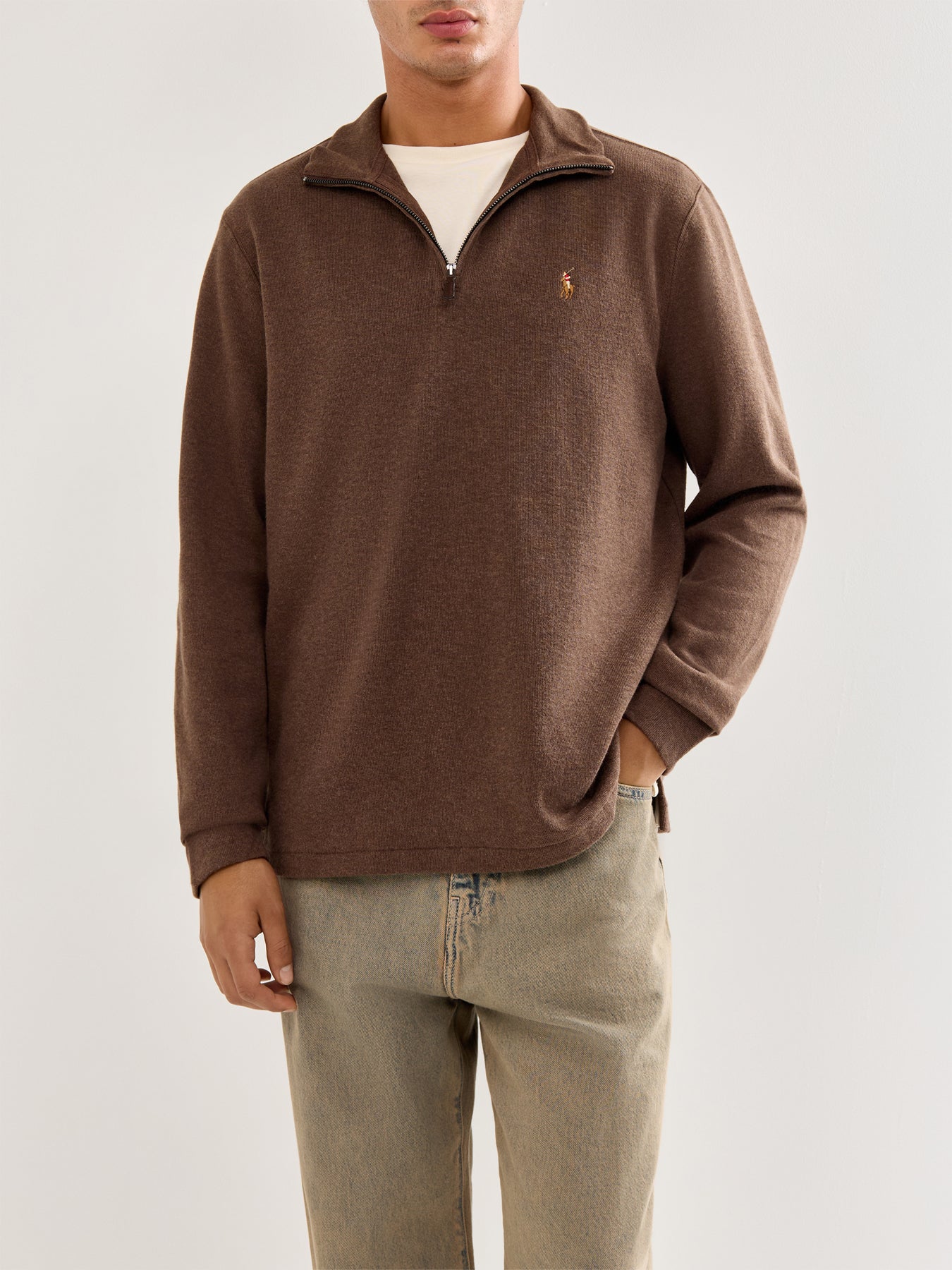 1/4 Zip Ribbed Cotton Sweatshirt Brown