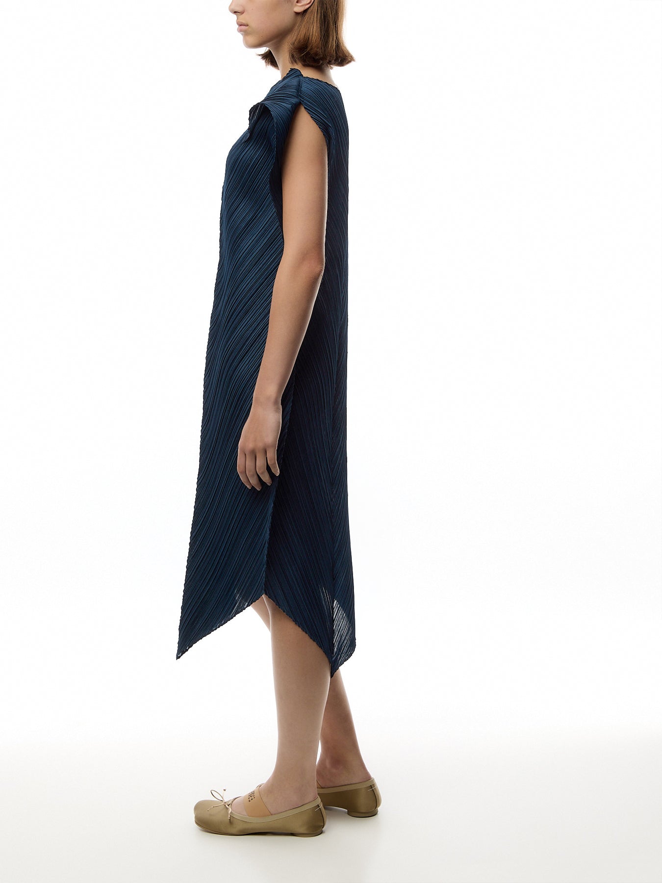 Pleats Sculptural Flare Grayish Navy Dress
