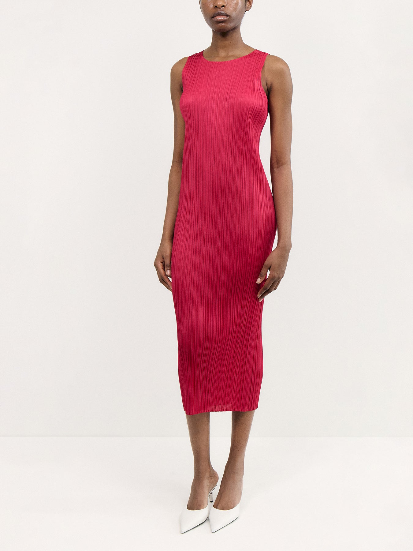 Pleats Colourful Basics Mock Neck Sleeveless Carmine Pink Dress