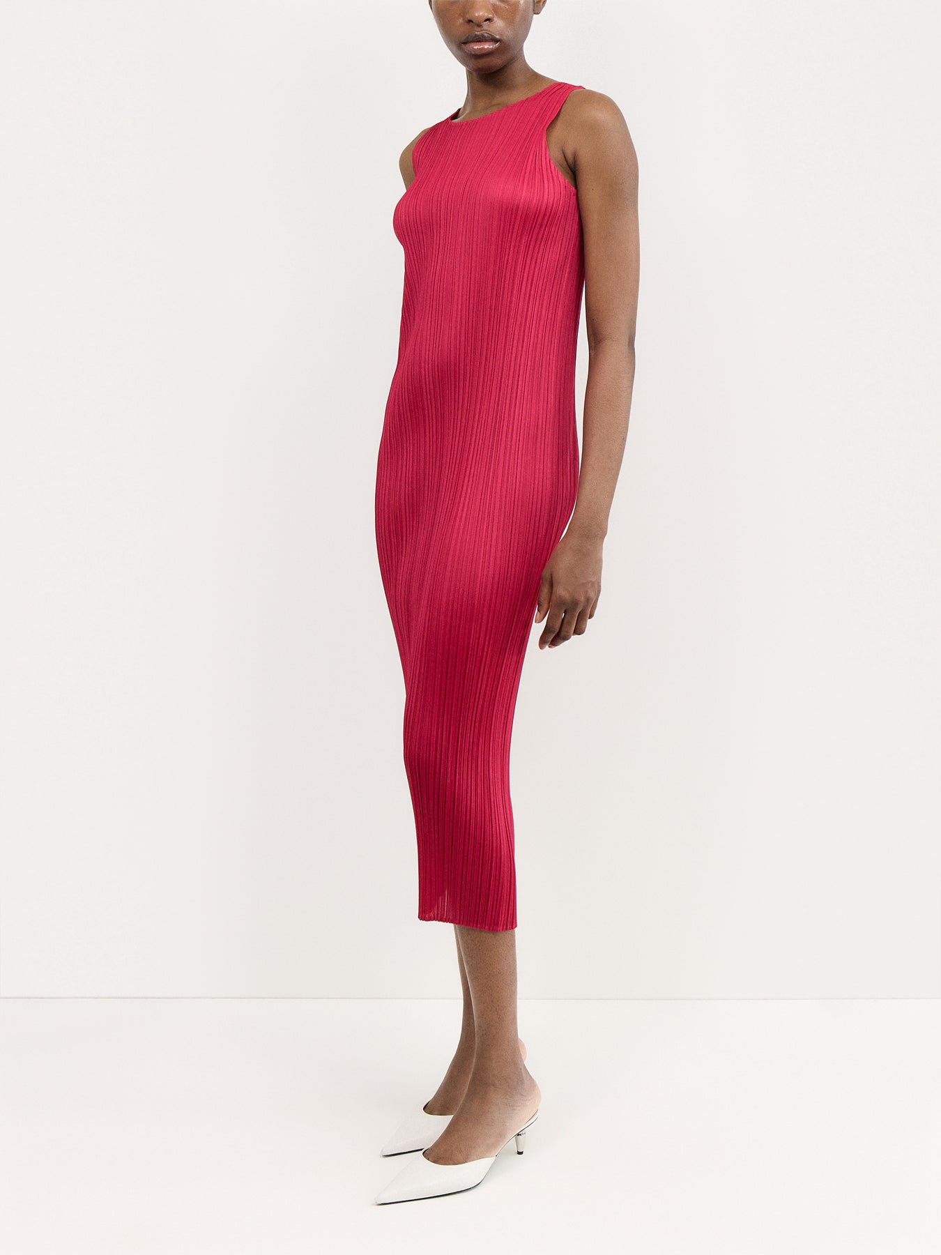 Pleats Colourful Basics Mock Neck Sleeveless Carmine Pink Dress