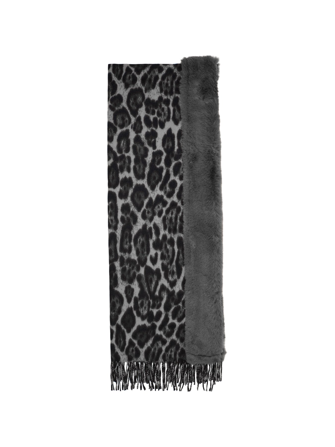 Leopard Scarf With Faux Fur Trim Grey
