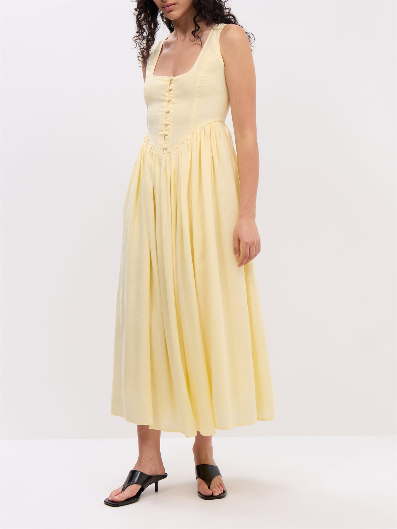 Butter Yellow Linen-blend Cora Midi Dress